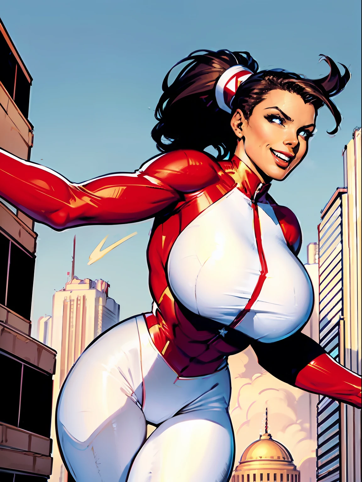 Stretcher comic book woman, happy, smiling, long hair, huge ponytail, slim, thin, athletic, womanly, rubbery, elastic woman, white and red spandex, rubber body, brunette, ((huge breasts)), city street, daytime, heroic, cheerful,