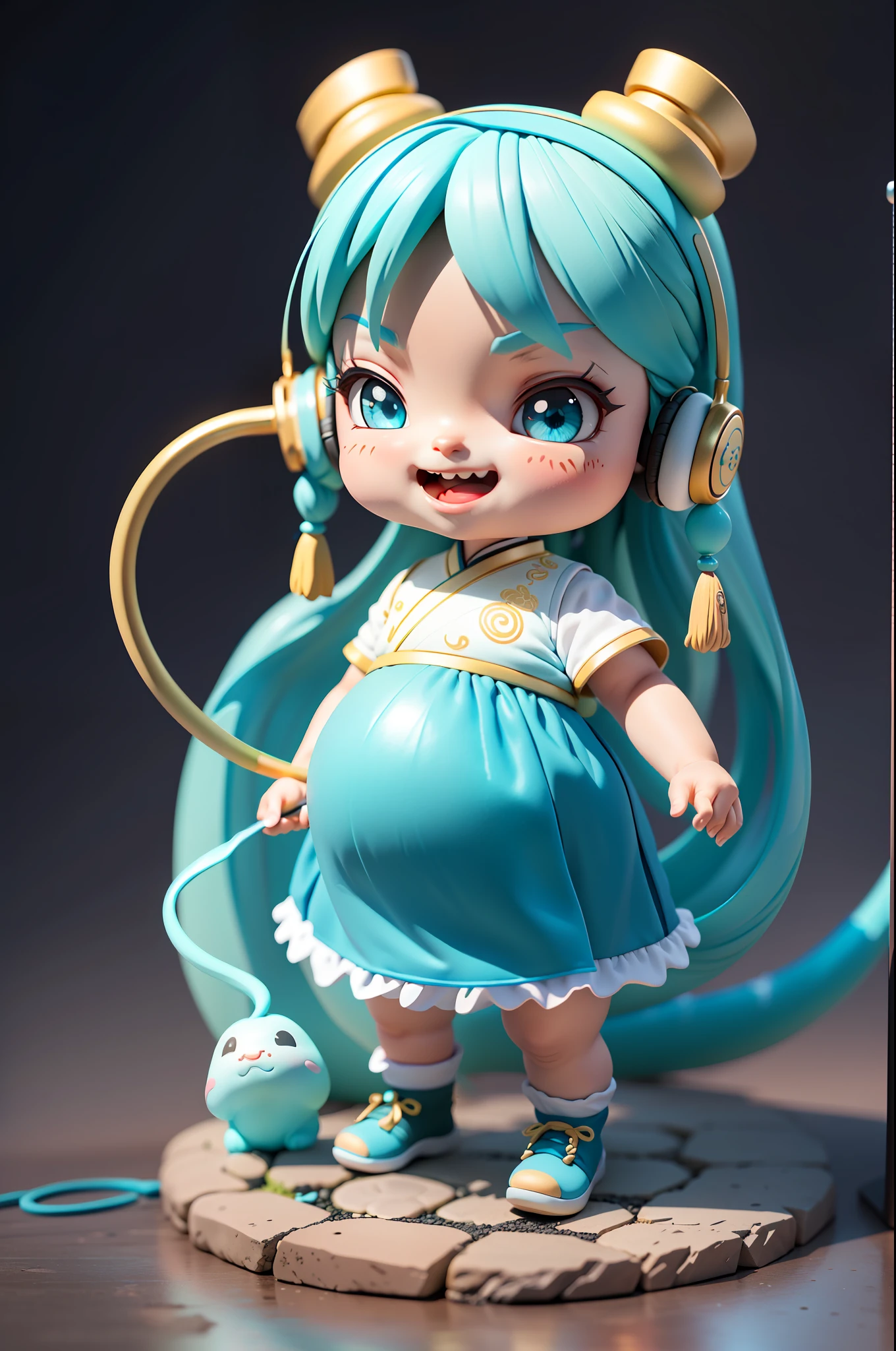 (Daisaku),(Need),(Super meticulous),(full bodyesbian:1.2),(soio),cyan theme,Dragon Loli Magician,Exquisite Chinese faucet,Dragon's horn,Dragon whiskers,adolable,Open-mouthed,grin,Earphone,dragon scale,,Pregnant loli，Pregnant woman with golden hoop rod,Popmart blind box,Clay texture,Treading on the ground,Black and white background,natural  lightting,Best quality at best,Hyper-detailing,arte 3D,C4D, OC renderer, a 3D render, 8K's Wait to Start Wait to start
Wait for it to start