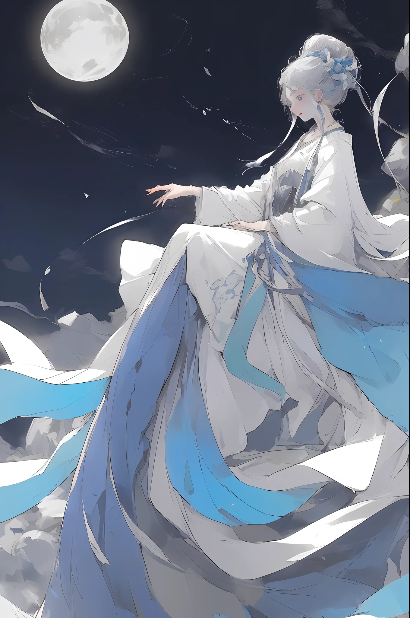 tmasterpiece、Need、Night scene、moon full、1male people,Mature men、Chinese style Ancient China、in cold face、face expressionless、Man with long black hair、Hanfu,White Hanfu,Blue pupils,Black night sky,The cloudy,Telescopic shot,Back shadow,review