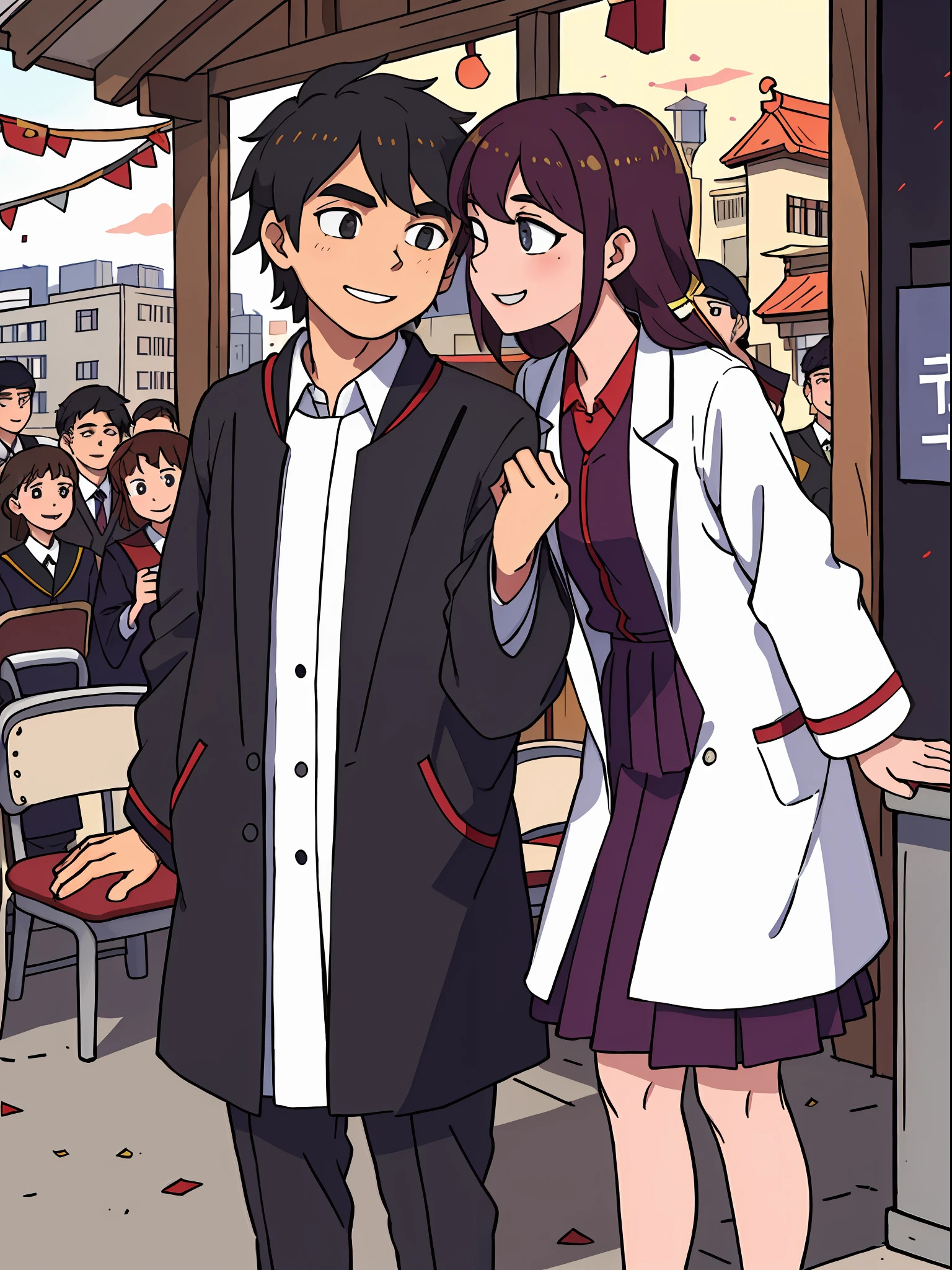 Academic robes,Academic robes,Mortar board,Square cap,University campuses,buildings,SakuraNS,ssmile,a young man and a woman,Detailed uniforms,Watch the audience kiss