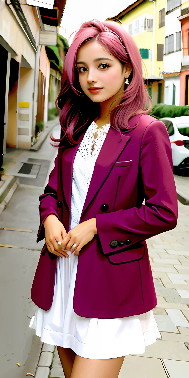 roupa rosa e cabelo loiro