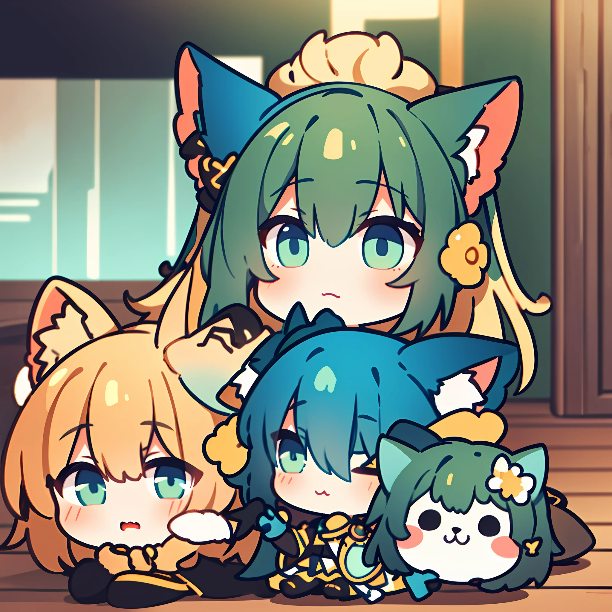 1girl in,Cat's ears,(Chibi:1.2),Shy face,Golden hair,full body Esbian