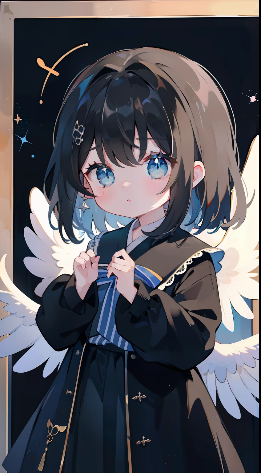 One girl、A dark-haired、Medium hair、cute little、Angel wings、black backgrounds、校服、​masterpiece、Top image quality、top-quality、blue eyess