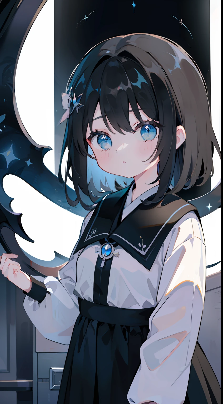 One girl、A dark-haired、Medium hair、cute little、Angel wings、black backgrounds、校服、masterpiece、Top image quality、top-quality、blue eyess