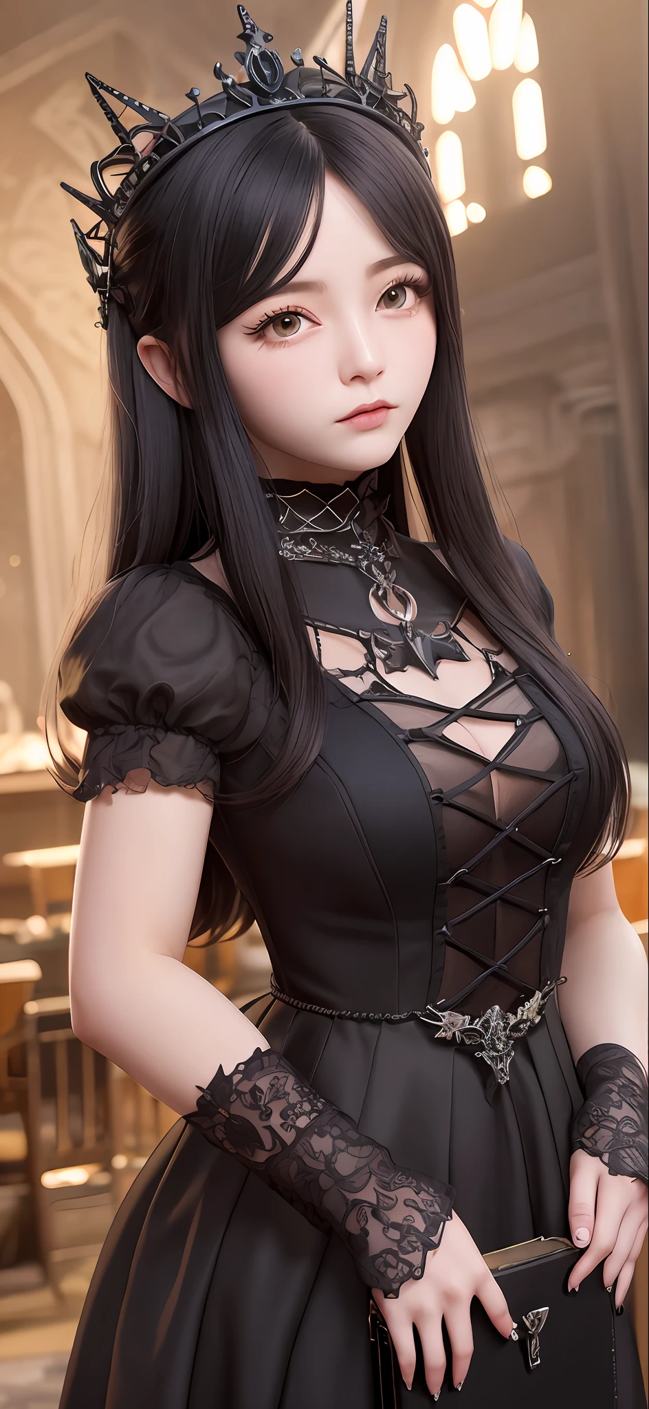 Gothic woman wearing a gothic crown and a gothic dress, Gothic aesthetics, Guviz-style artwork, neo goth, goth aesthetic, elitedangerous  ornate ︎, gothic art style, dreamy gothic girl, goth girl aesthetic, inspired by Sim Sa-jeong, 8K high quality detailed art, Guviz, gothic maiden anime girl, dream magical、aethereal、darkly