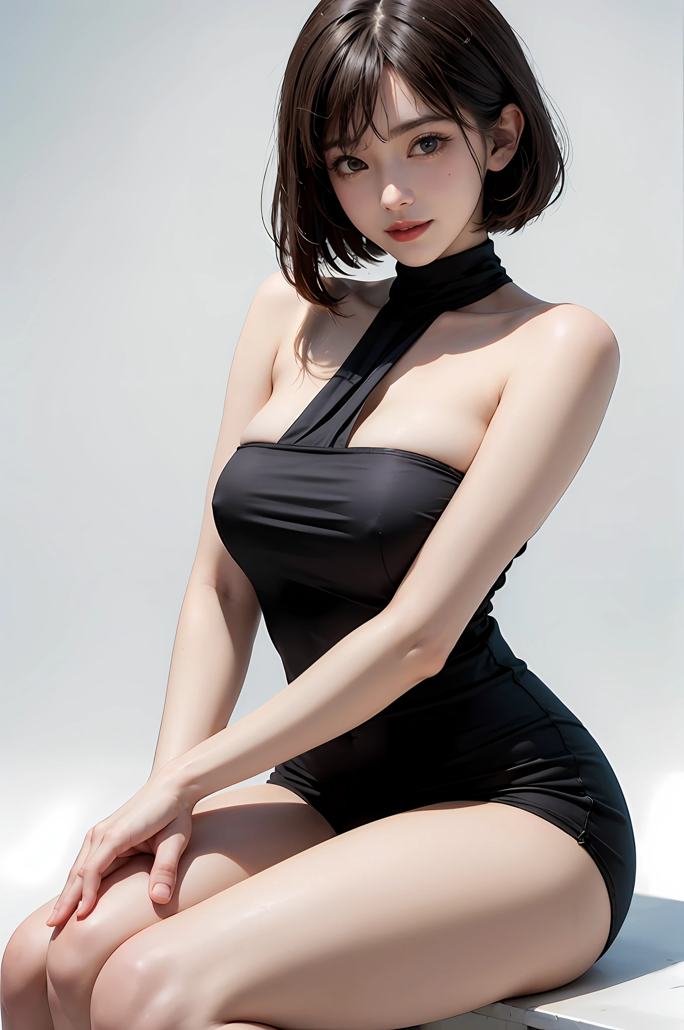 (8K)、(Top image quality:1.2)、(reallistic)、(Photorealsitic:1.37)、((Immaculate white background with nothing really、Immaculate white background with nothing really))、The ultra -The high-definition、1girll、190cm supermodel、huge tit、cute little、a smile、a closed mouth、Beautiful details、Beautiful nose in every detail、full bodyesbian、clean short hair with bangs、Colossal Dalsepho、pork meat、student clothes、thighs thighs thighs thighs