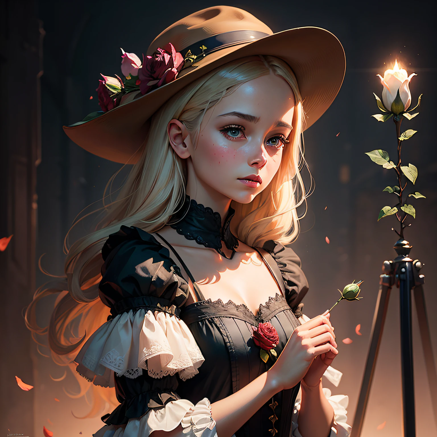 There is a woman in a dress and hat holding a rose, arte digital detalhada bonito, painting digital adorable, Beautiful digital illustration, bela arte digital, stunning digital illustration, Arte no estilo de Guweiz, 🌺 CGSetnation, pintura digital bonita, kawaii retrato realista, a beautiful artwork illustration, pintura de personagem bonita, Alexandra Fomina Artstation, arte digital bonito --auto