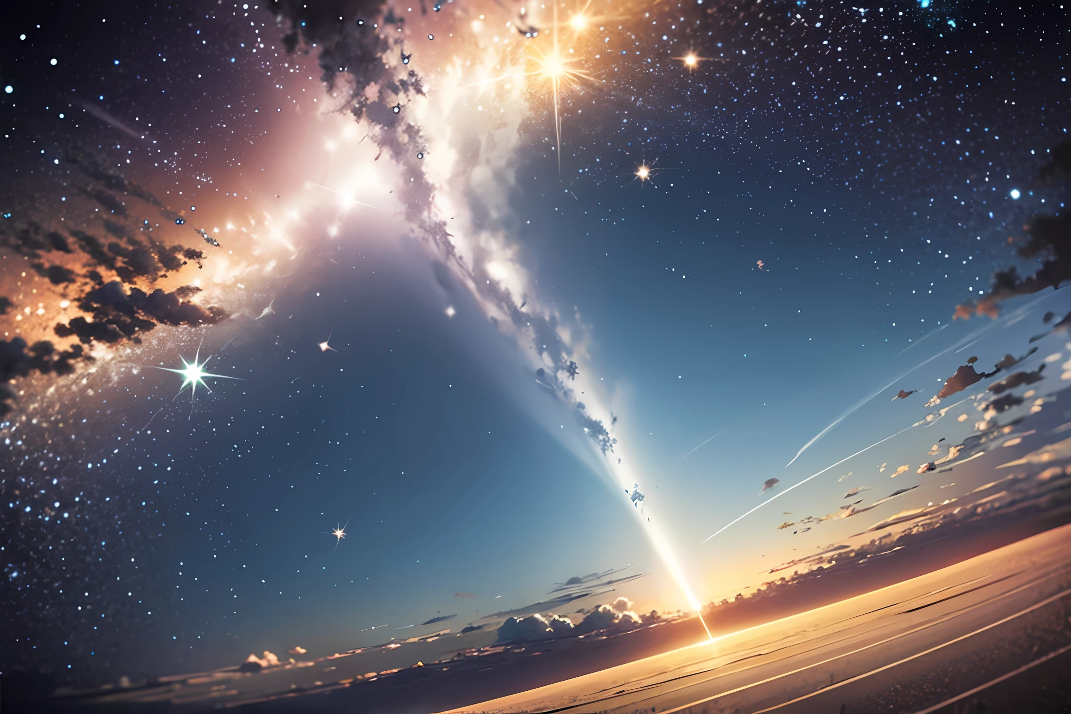 image of the Milky Way as seen from an observatory, with the stars shining and highlighting the immensity of the universe. Um sol amarelo no canto inferior esquerdo, with rays that simulate the path of light towards the Earth. No canto superior direito, uma imagem da Lua em destaque, representing the comparison of distances between the Earth, o Sol e a Lua.