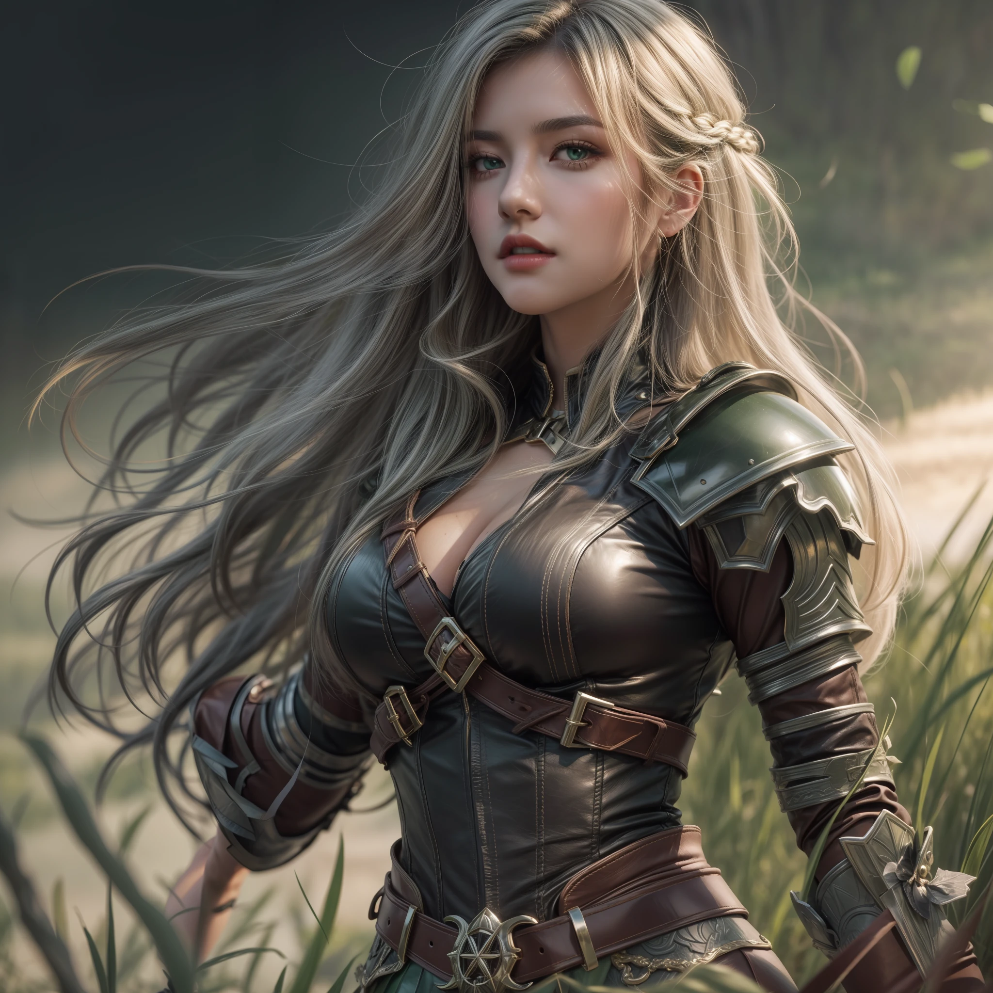 (masterpiece: 1.2), (best quality: 1.2), (highly detailed: 1.3), highres, best illustration, HDR, 4k, 8k, perfect lighting, green grassy field, wind breeze, full body, full body shot, solo, 1girl, perfect anatomy, perfect face, long silver hair, hair braid, armor with striking details, leather skirt, garter feel, black gloves, cleavage, women's boots, detailed , mouth closed , perfect green eyes looking at the viewer, perfect lighting, epic realism