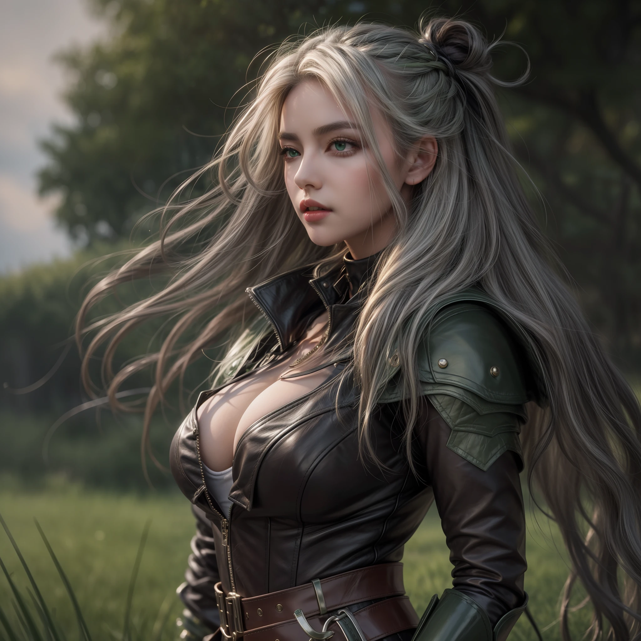 (masterpiece: 1.2), (best quality: 1.2), (highly detailed: 1.3), highres, best illustration, HDR, 4k, 8k, perfect lighting, green grassy field, wind breeze, full body, full body shot, solo, 1girl, perfect anatomy, perfect face, long silver hair, hair braid, armor with striking details, leather skirt, garter feel, black gloves, cleavage, women's boots, detailed , mouth closed , perfect green eyes looking at the viewer, perfect lighting, epic realism