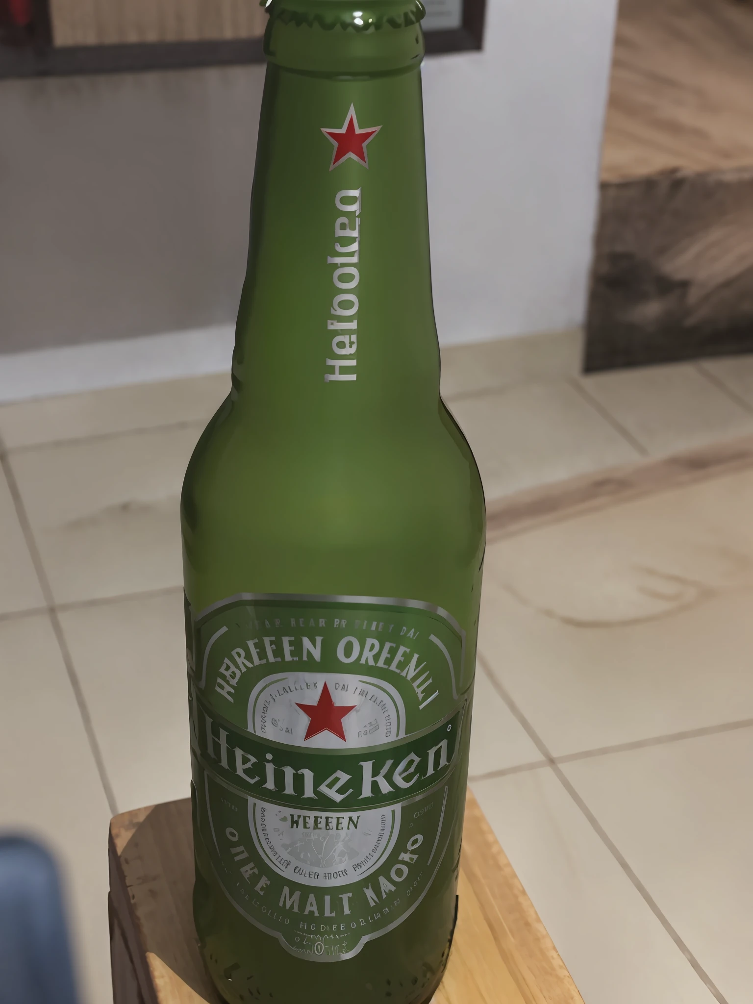 Garrafa de araffe de cerveja Heineken sentada em um bloco de madeira, garrafa de cerveja, imagem muito coerente, cant believe it is real, beber cerveja, imagem hiperrealista, muito hiper realista, cerveja gelada, garrafas de cerveja, garrafas quebradas, num estilo de hiper-realismo, falso detalhe oculto, beber uma cerveja, segurando uma cerveja!!, cerveja sendo bebida e derramada desenho