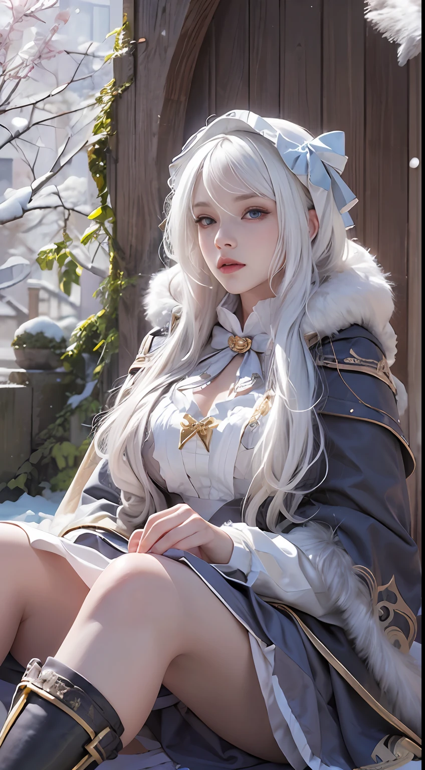 Photorealistic, high resolution, 1 Women, Solo, Hips up,(Lolita costume), Beautiful eyes, White hair, ringed eyes, (Sit,Cloak,snowfield),((spread their legs)),