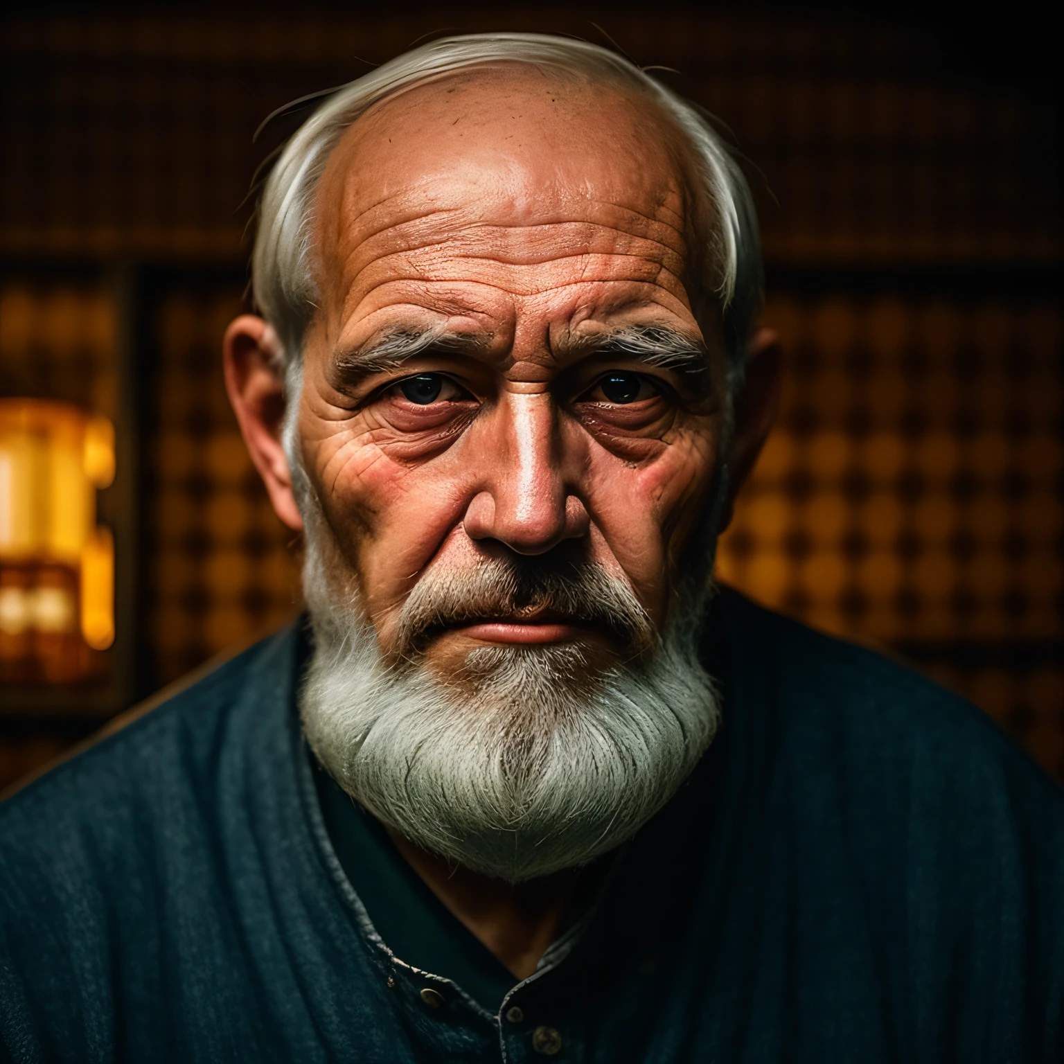 photograph of an old man with wrinkled skin and a grey beard, in an old bar, gloomy, moody, ultra realistic, ultra detailed, photorealistic