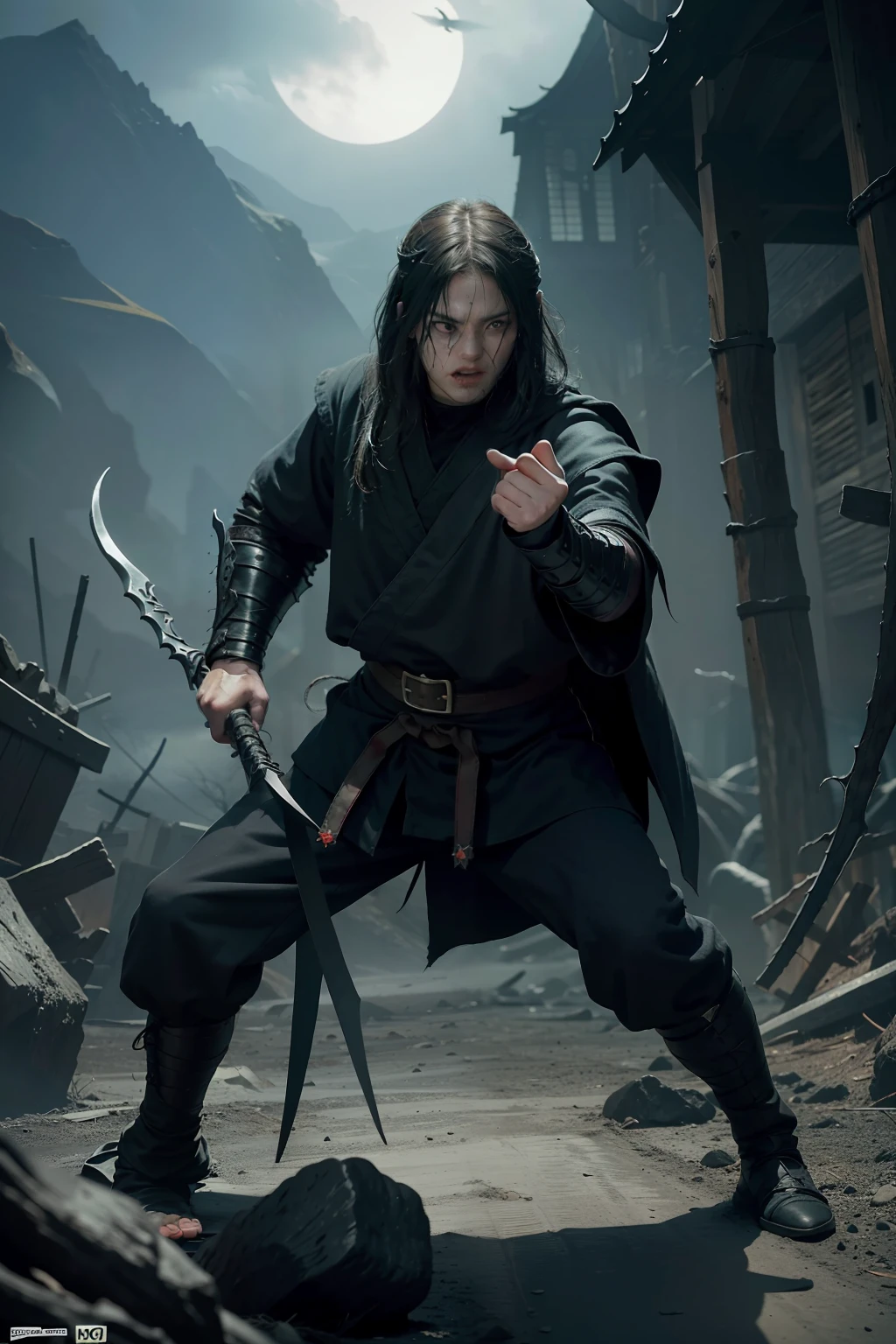 wide angle lens, full body pose, black medieval ninja, lord of rings design, terror, horror, looks at the camera with a haunghty look, challenging and aggresive position, sweat on the face, 8k, details high resolution, full hd, artstation, grunge light, s 10000 --v 4