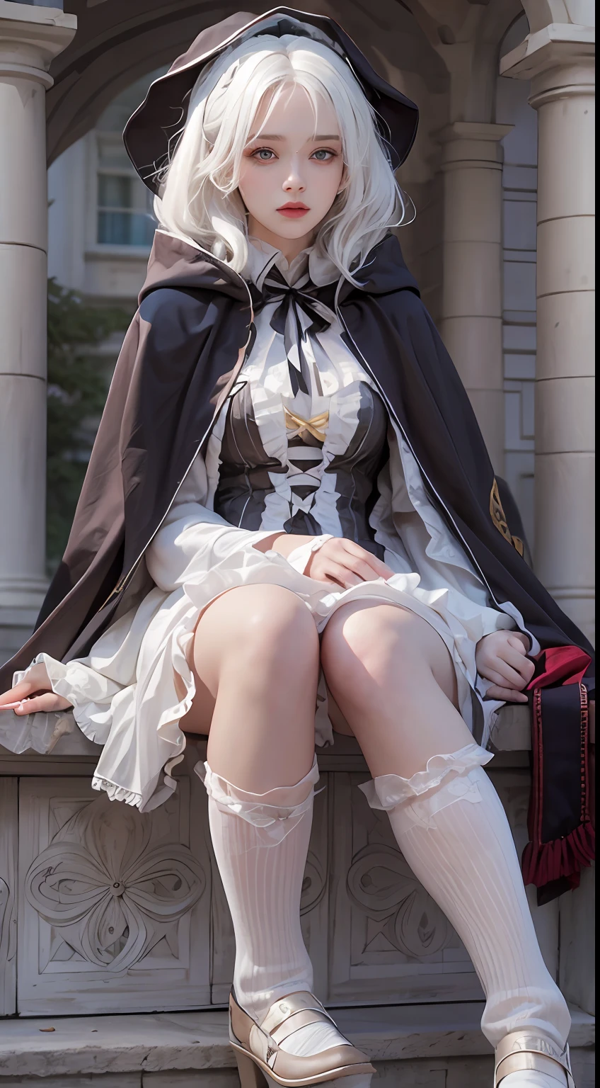 Photorealistic, high resolution, 1 Women, Solo, Hips up,(Lolita costume)， Beautiful eyes, White hair, ringed eyes, (Sit，Cloak，)，((Open your legs))，