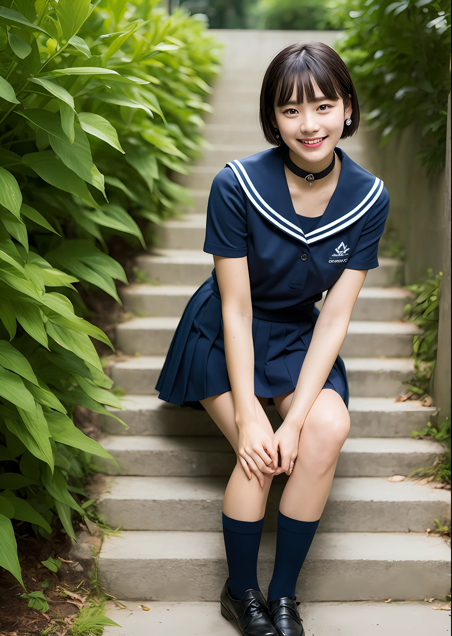 1girl, bangs, black_choker, black_hair, blue_sailor_collar, blue_skirt, bush, choker, collarbone, day, earrings, flower, jewelry, lips, looking_at_viewer, outdoors, plant, pleated_skirt, potted_plant, road, sailor_collar, school_uniform, serafuku, shirt, short_hair, short_sleeves, sitting, skirt, smile, solo, stairs,