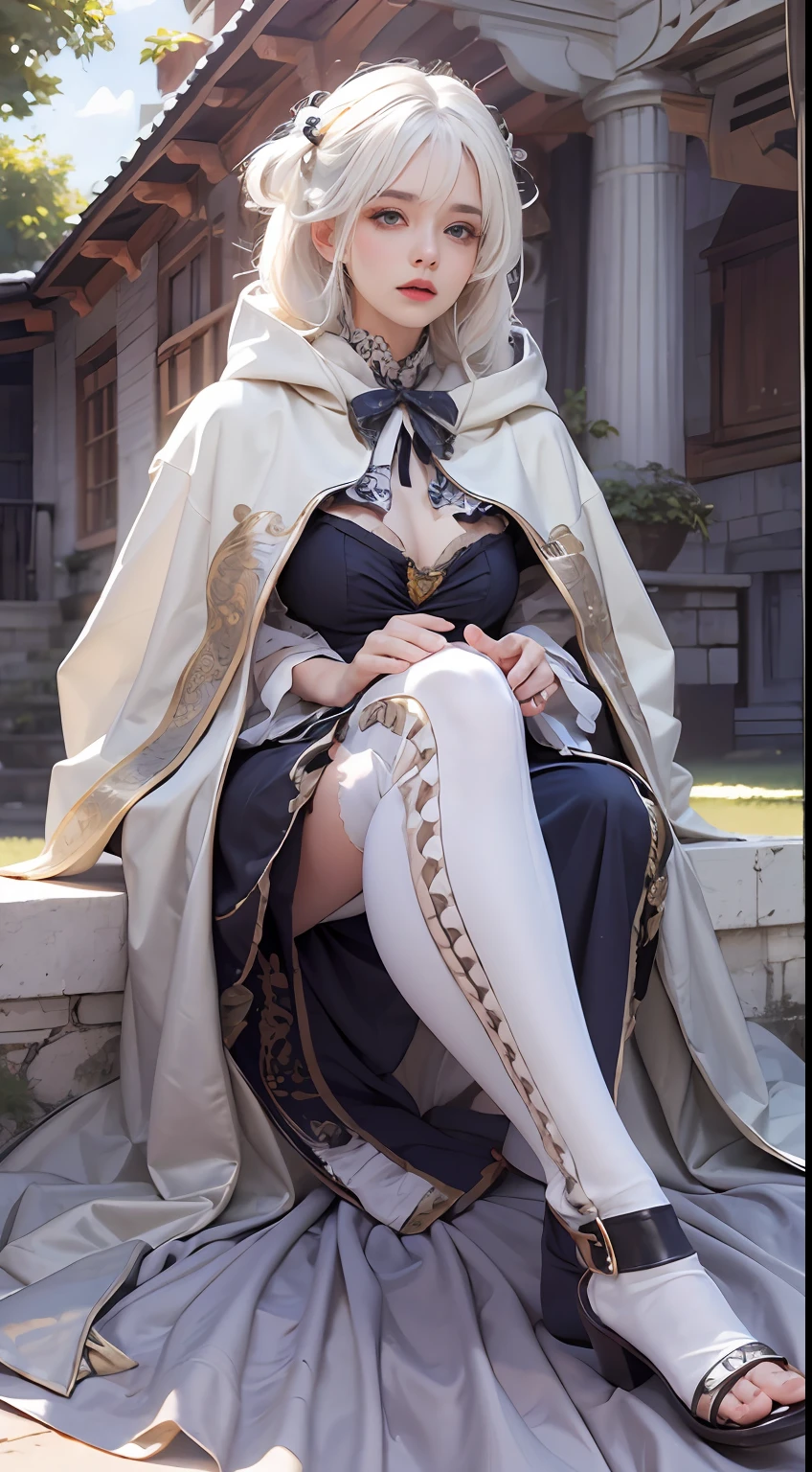 Photorealistic, high resolution, 1 Women, Solo, Hips up,(Lolita costume)， Beautiful eyes, White hair, ringed eyes, (Sit，Cloak，)，((Open your legs))，