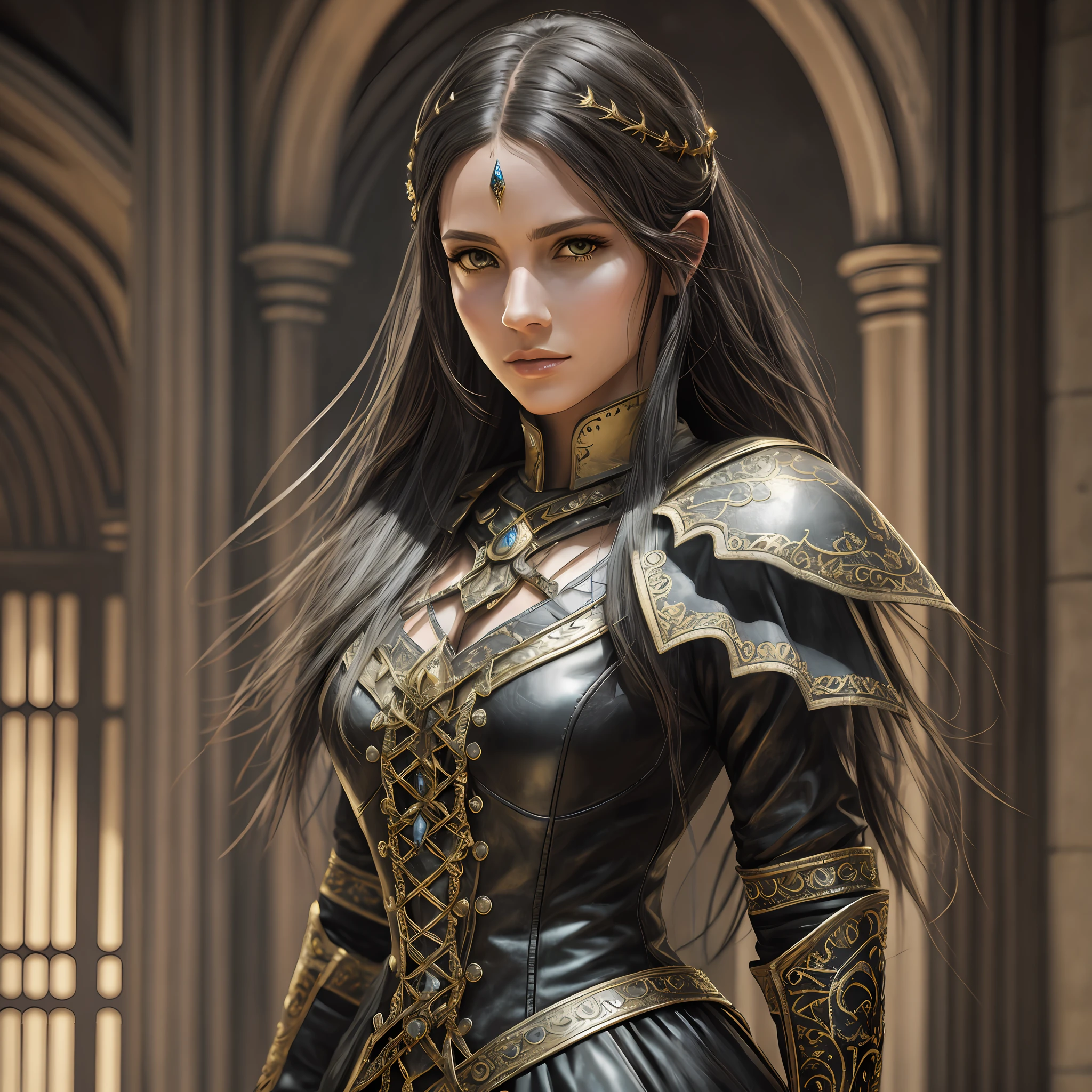 Arafed woman in a black leather dress with a golden hat, elegant cinematic fantasy art, retrato de arte conceito de fantasia, retrato de fantasia fosco detalhado, personagem de fantasia hiperdetalhado, retrato do personagem da fantasia, arte de personagem impressionante, cavaleiro feminino bonito, epic fantasy art portrait, epic exquisite character art, elfo feminino bonito e elegante, fantasia paladin mulher, retrato da arte da fantasia