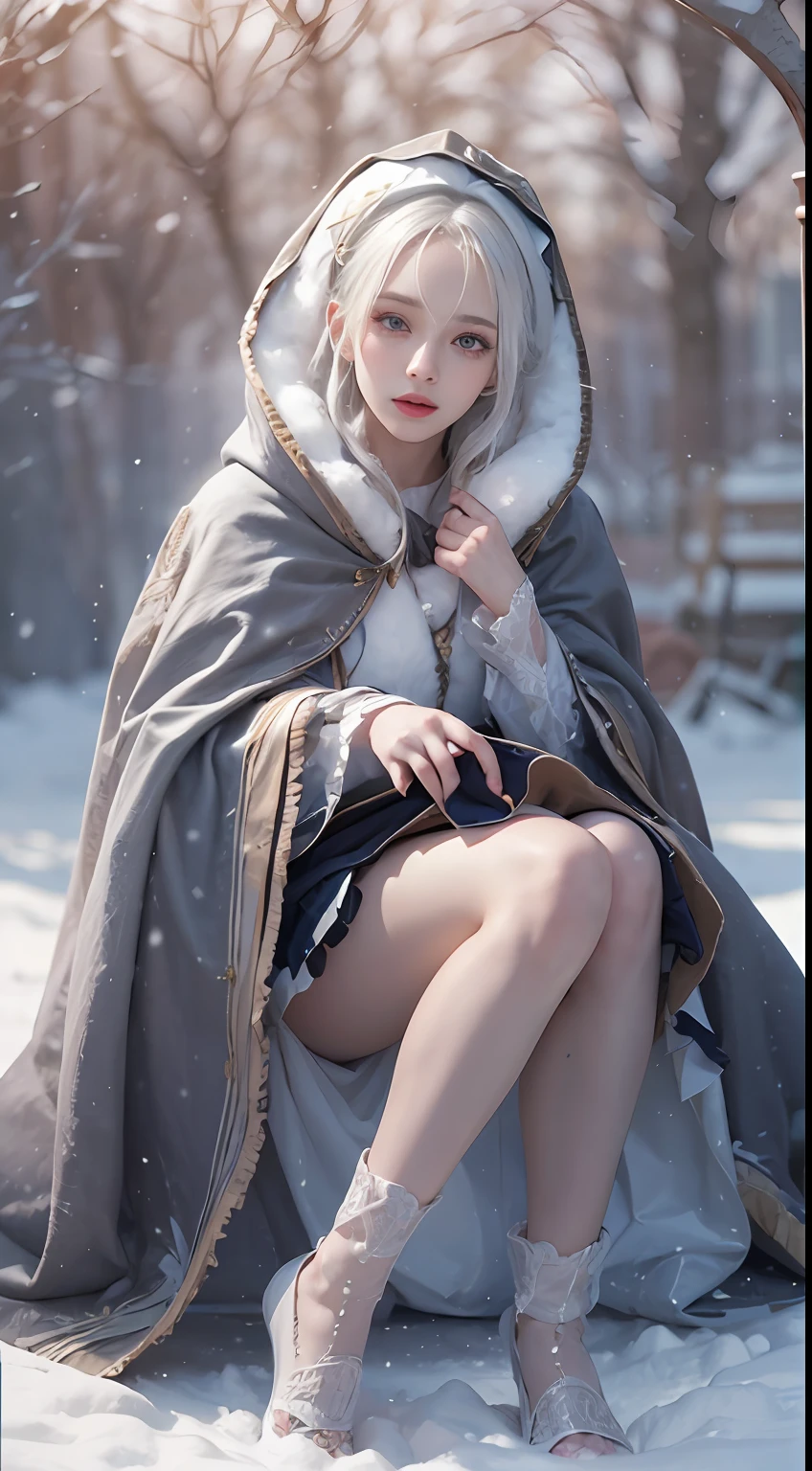 Photorealistic, high resolution, 1 Women, Solo, Hips up,(Lolita costume), Beautiful eyes, White hair, ringed eyes, (Sit,Cloak,snowfield),((lifting her skirt,spread their legs)),