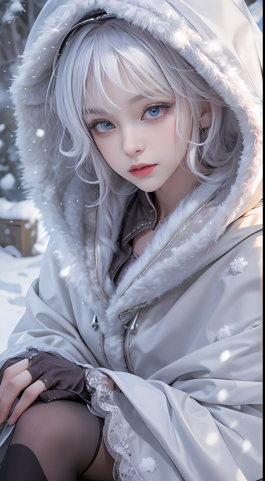 Photorealistic, high resolution, 1 Women, Solo, Hips up,(Lolita costume)， Beautiful eyes, White hair, ringed eyes, (Sit，Cloak，snowfield)，((lifting her skirt，spread their legs))，