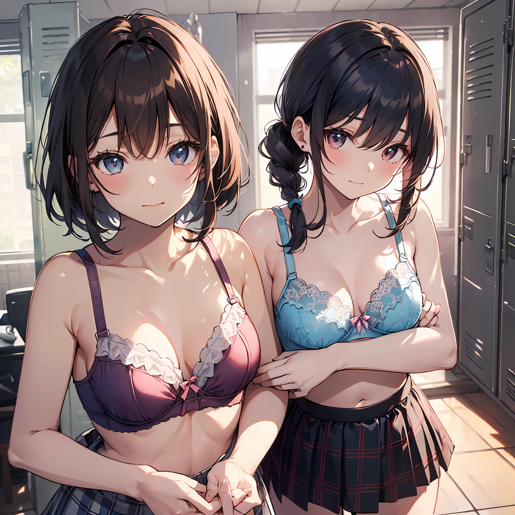 (Highest quality illustrations:1.2), (kawaii girl:1.1), (1 Uncle, 独奏:1), (2girls、8ars old、Lori、Gamine、A tiny、kawaii、cute little、tiny chest、ultradetailed eyes:1.2)、(Yuri、the kiss、hug from behind、Grabbing the、Eyes half closed、eyecontact:1.3)、(perspiring、Hugged、red blush:1.1)、 BREAK White Bra、Pink Bra、Blue Bra、Green Bra、Greybra、Light grey bra、 striped bra、Polka dot bra、Plaid bra、Cute Bra、Kids Bra、Sportsbra、camisole、cotton panties、school skirt、Blake black hair、Blue-haired、Brown hair、extra very short hair、shorth hair、middle hair、length hair、hair wavy、curlyhair、Light pink and braided hair、hime-cut、bob cuts、Twin-tailed、low twintails、poneyTail、Low ponytail in light blue、break(Locker Room:1.2)、(evening、evening、Orange Sunlight:1.2)、 BREAK(top-quality、ultra-detailliert、highly detailed and beautiful、超A high resolution、Detailed arm:1.2)、nsfw Beautiful pool