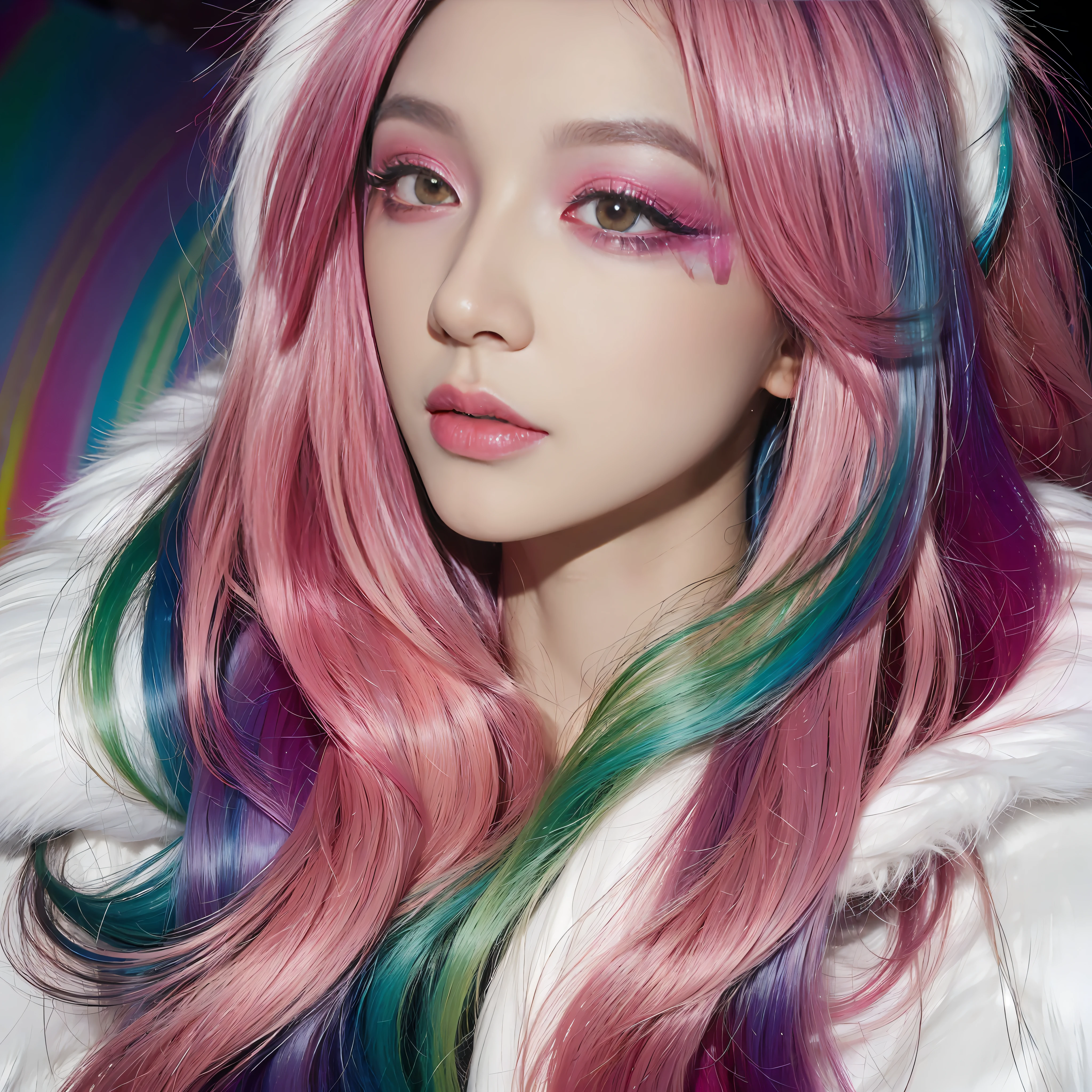 masterpiece, best quality, 1girl, pure rainbow background, ((rainbow swirling vortexes colourful hair)), wear white fur coat, ((long Hair)), front, emotional face, ((close up, studio light, studio)), (((makeup portrait, pink eye shadow)))