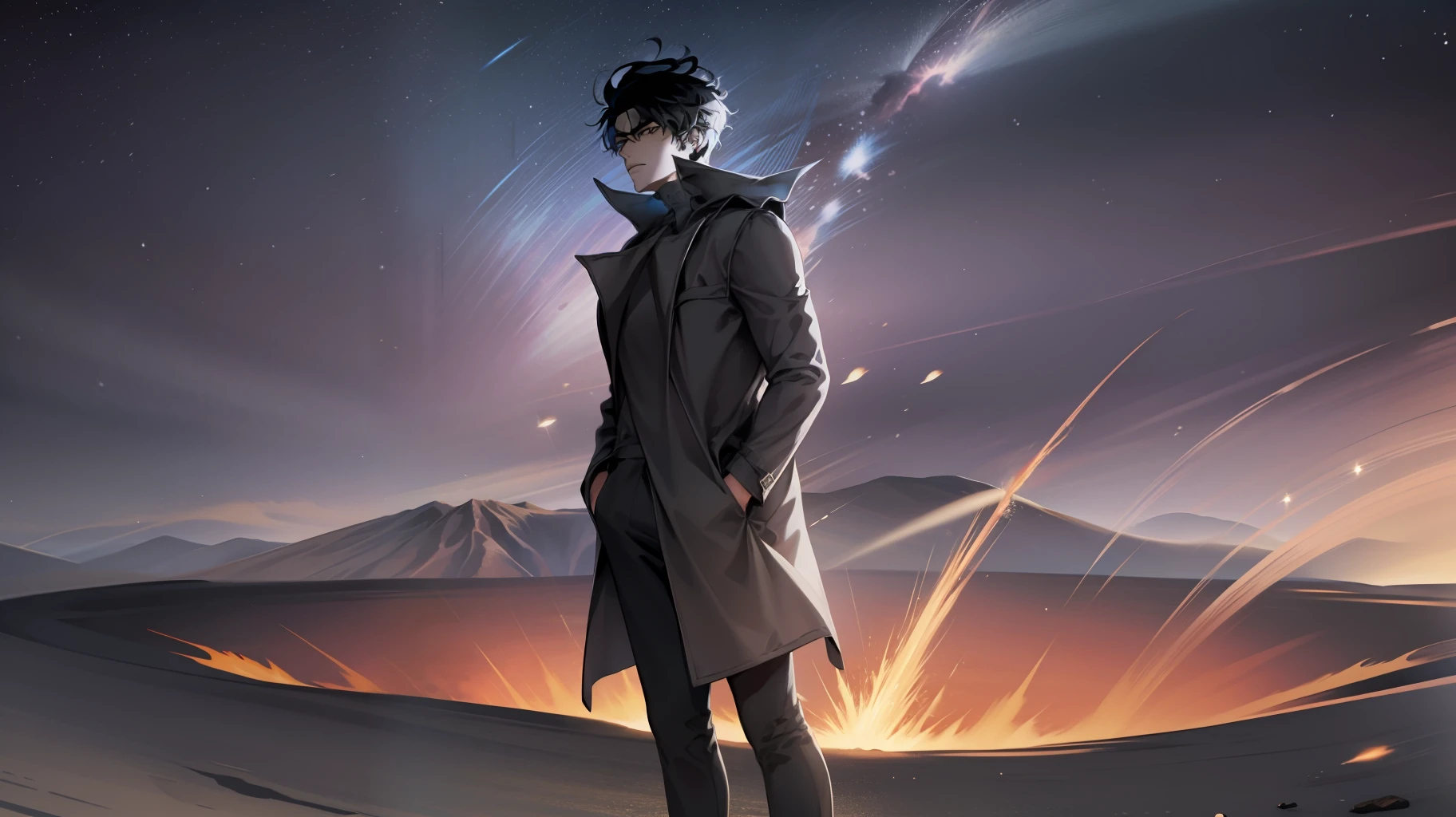 dynamic, (falt color:1.3),Colorful, Best Quality,extremely detailed CG 8k wallpaper,Best Quality, Masterpiece, hight resolution, Original, extremely detailed wallpaper, arafed view of a red crater with a green line in the middle, found on a volcano, in a volcano, reflecting an erupting volcano, in volcano, rinko kawauchi, at a volcano, yuji himukai, crater, vulcano, by Tadashi Nakayama, volcano, active volcano, by jessica rossier, melancholic,(独奏:1.5),Detailed and expressive face, 1man, 独奏, black hair, Black Eyes, black coat, Black pants, tall man, black clothes, black, black (Standing:1.3)