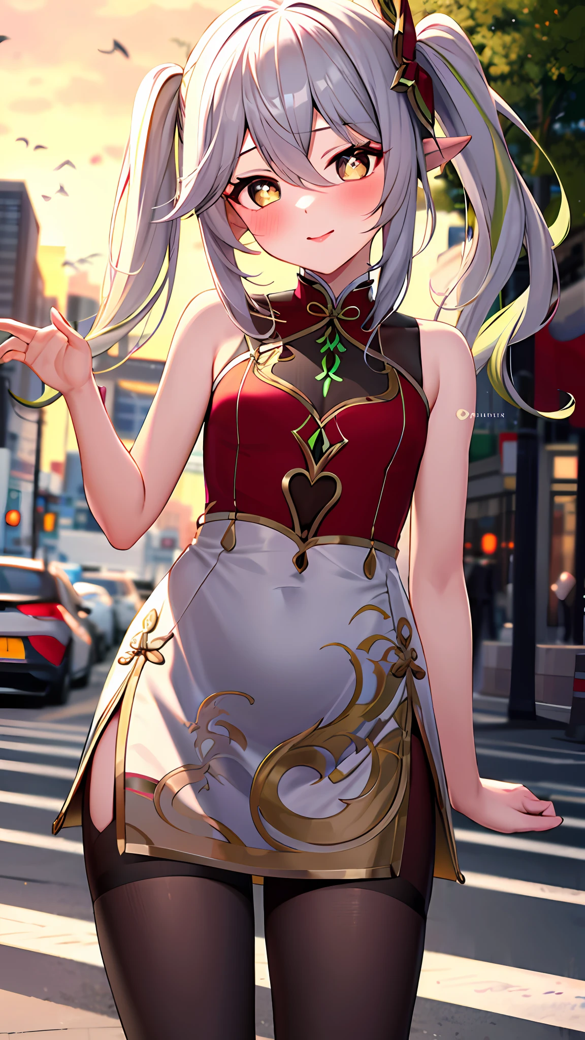 masterpiece, high res, best quality, 1girl, solo, nahida_genshin, loli, cross-shaped pupils, red chinese dress, red qipao, stocking, standing, outdoor, cityroad, on the road, cowboy shot, sexy pose, blush, sfw, (safe for work),