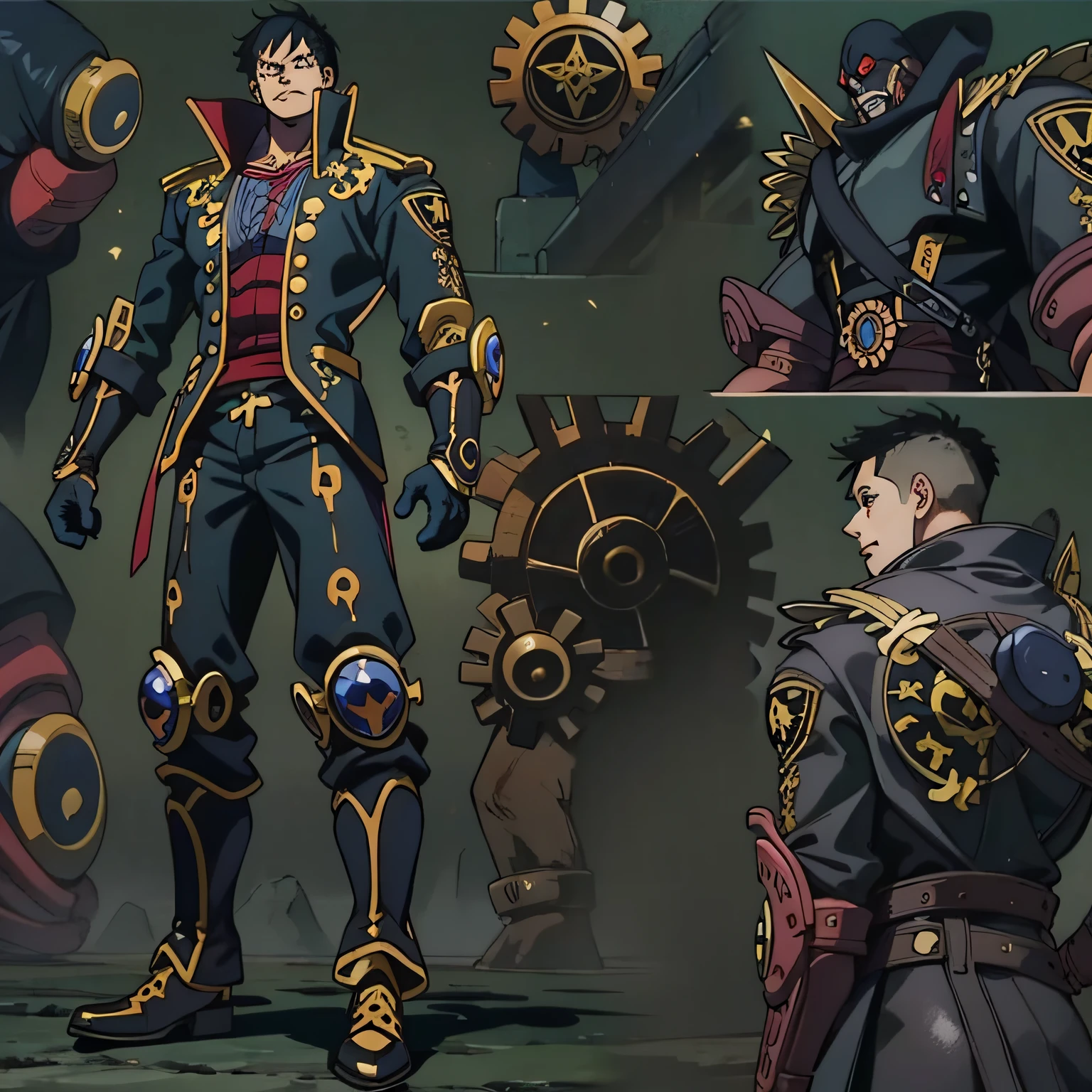 The man in black clothing is an intriguing and imposing figure. His posture is haughty and confident, transmitindo uma aura de poder sombrio. Seu magro, The athletic body is wrapped in a detailed mechanical punk outfit, where the fusion of steampunk style with technological elements creates a unique and futuristic look. The new costume concept is even bolder, incorporating metallic details and gears that adorn your clothes in a functional and stylistic way. Arcane symbols are inscribed on the folds of the fabric, Revealing Your Connection to the Mystical Arts. Each piece of the suit is designed to exalt your presence on the battlefield, where the combination of style and functionality becomes a manifestation of your complex personality. Em um retrato de corpo inteiro no estilo D&d, He is depicted in the midst of darkness, highlighting your ability to move in the shadows with agility and discretion. O olhar sereno e intenso de seus olhos, com olheiras proeminentes, reflete a carga emocional que carrega em sua jornada. Vestido em uma dark space mercenary outfit, Your clothes merge with the technology of outer space, providing protection from the dangers of the cosmos. Details in dark tone and with strategic cuts reveal its ability to move easily in any hostile environment. The Anime Art Style Trigger reveals striking features on his face, com olhos grandes e expressivos que exibem a dualidade de sua natureza. Seus olhos, com um verde profundo e escleras negras, reflect the complexity of their feelings and decisions. The complexity of the character also manifests itself in the crustpunk style of his clothes, com elementos desgastados e adornos ousados. The combination of punk fashion with arcane and futuristic touches reveals an individual who defies convention and embraces his own identity. Neste retrato RPG estilo anime jojo, ((lado a lado)), ((aura sombria)), ((Luffy style))