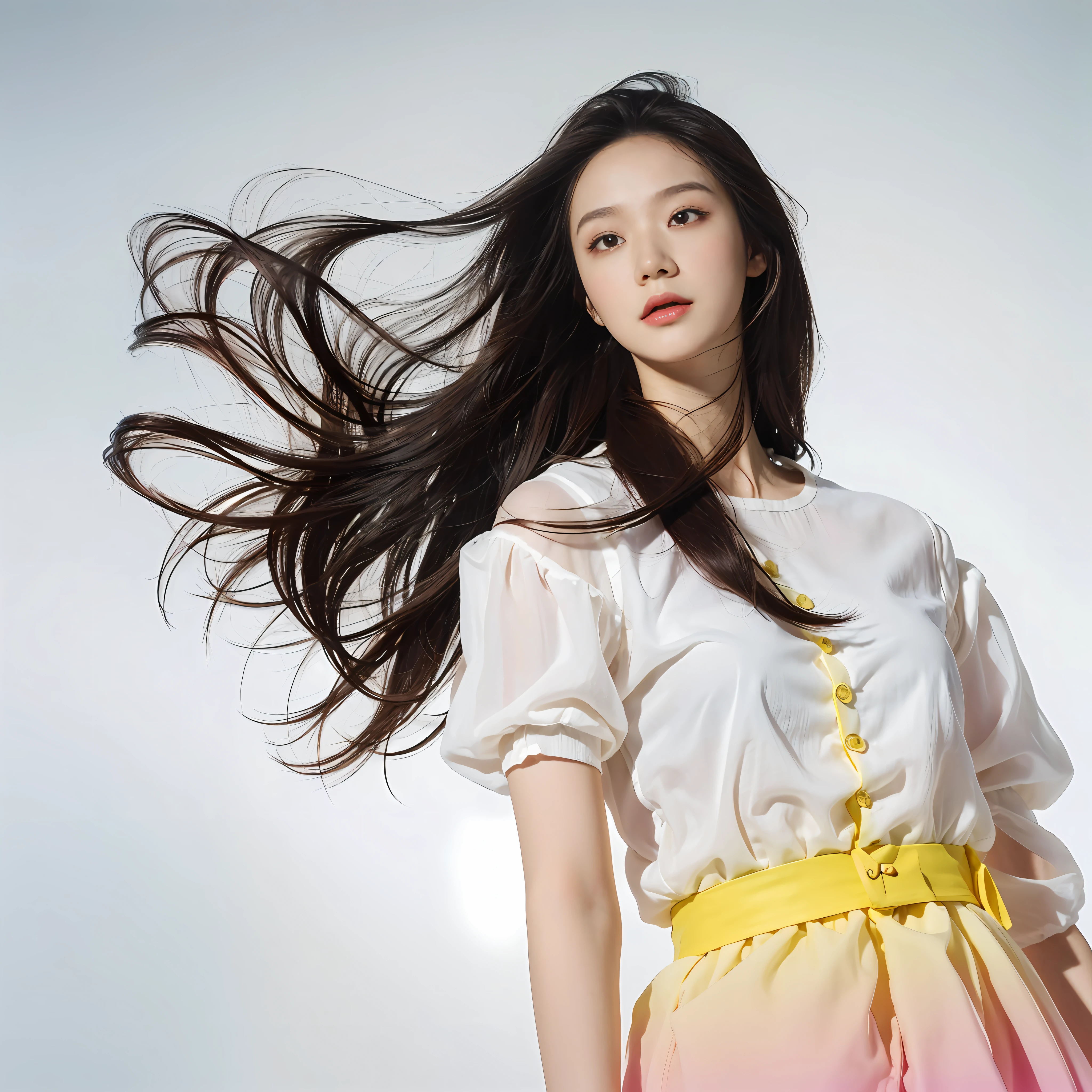 masterpiece, best quality, 1girl ((pure gradient background, )), long hair, floating hair,looking at viewers,  happy, ((front)),(upper body), Dynamic clothes, (studio light), soft light, dark style, summer,  haute couture