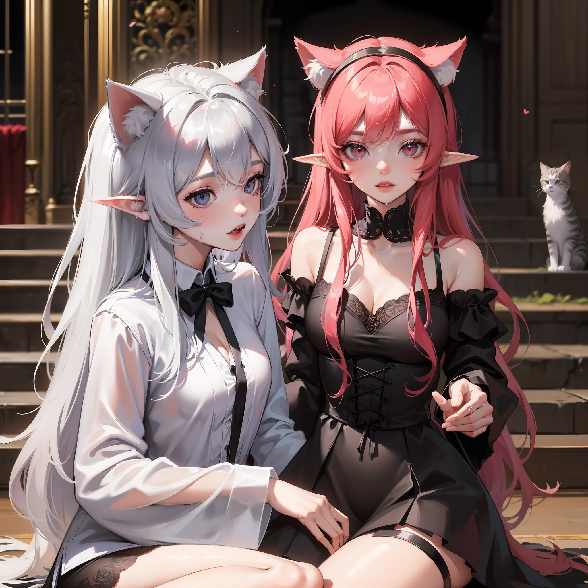 Uma jovem mulher com cabelo rosa com chifres pretos, Elf ears and cat ears in an abandoned Gothic palace wearing a wet black wedding dress, olhos cor-de-rosa com pupilas pontiagudas. ((Cabelo cor-de-rosa))