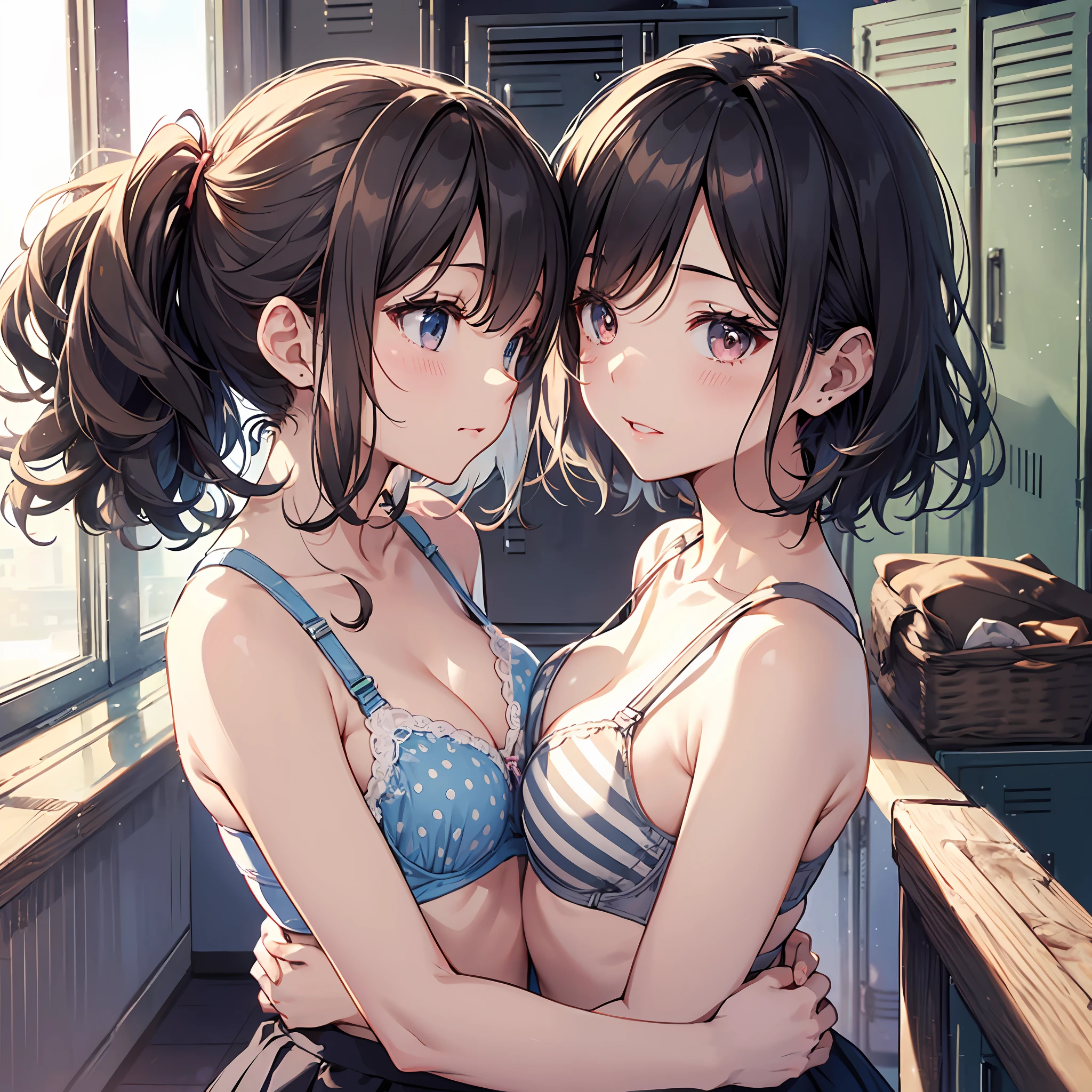 (Highest quality illustrations:1.2), (kawaii girl:1.1), (1girl in, 独奏:1), (2girls、、Lori、Gamintiny、kawaii、cute little、tiny chest、ultradetailed eyes:1.2)、(Yuri、the kug from behind、Grabbing the、Eyes half closed、eyecontact:1.3)、(perspiring、Hugged、red blush:1.1)、 BREAK White Bra、Pink Bra、Blue Bra、Green Bra、Greybra、Light grey bra、 striped bra、Polka dot bra、Plaid bra、Cute Bra、Kids Bra、Sportsbra、isole、cotton panties、school skirt、Back hair、Blue-haired、Brown hair、extra very short hair、shorth hair、middle hair、length hair、hair wavy、curlyhair、Light pink and braided hair、hime-cut、bob cuts、Twin-tailed、low twintails、poneyTail、Low ponytail in light blue、break(Locker Room:1.2)、(evening、evening、Orange Sunlight:1.2)、 BREAK(top-quality、ultra-detailliert、highly detailed and beautiful、超A high resolution、Detailed arm:1.2)、nsfw Beautiful pool