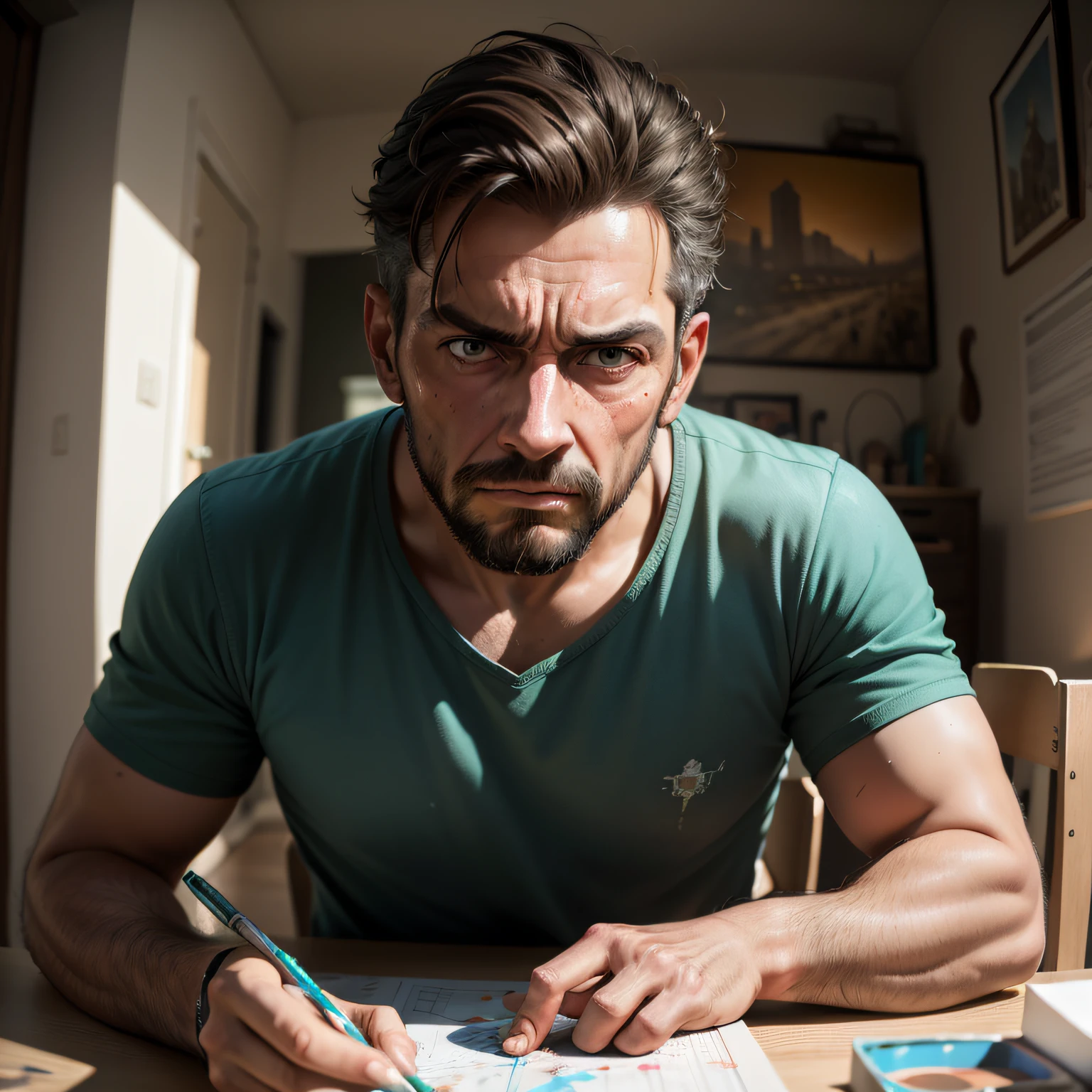 homem de 30 anos, pintor de paredes, pintando uma casa, annoyed, high detail, Realism, cinematic lighting, vanishing point, f/1.8, super detail, masterpiece, 4K, best quality