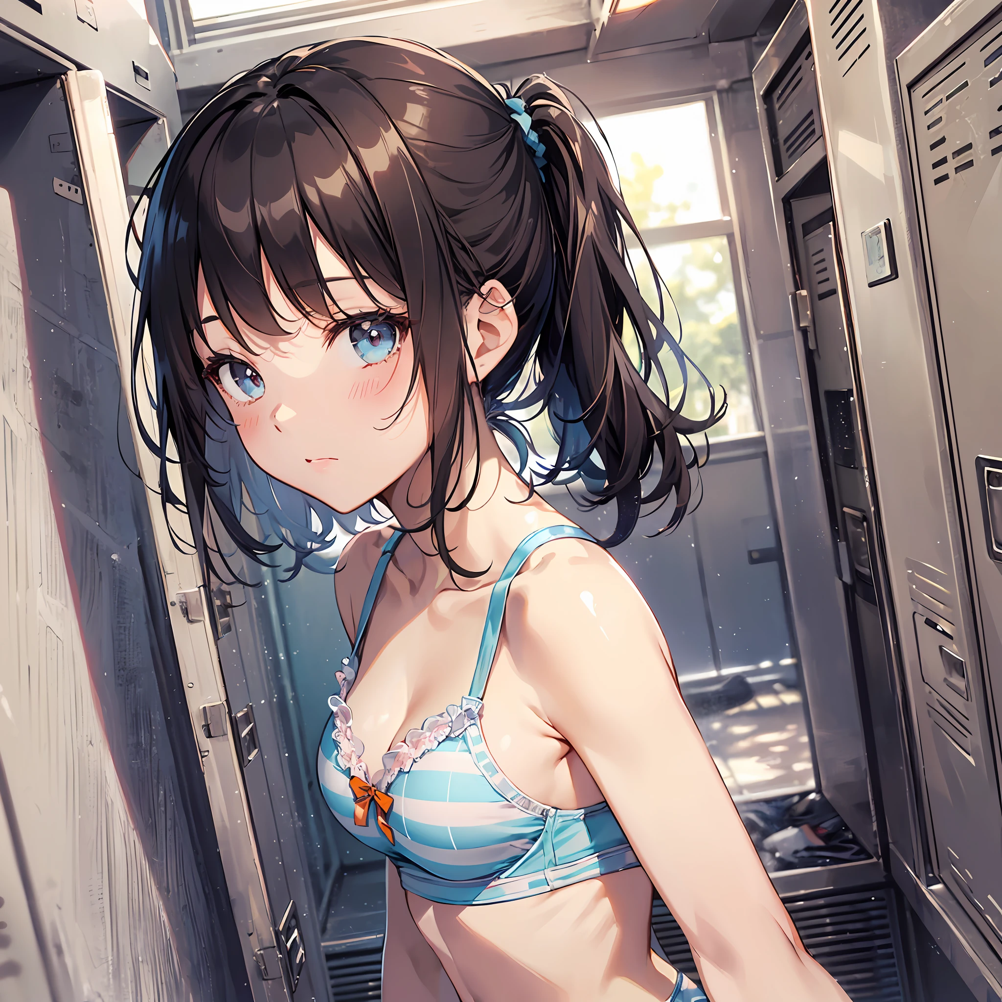 (Highest quality illustrations:1.2), (kawaii girl:1.1), (1girl in, 独奏:1), (2girls、8years old、Lori、Gamine、A tiny、kawaii、cute little、tiny chest、ultradetailed eyes:1.2)、(Yuri、the kiss、hug from behind、Grabbing the、Eyes half closed、eyecontact:1.3)、(perspiring、Hugged、red blush:1.1)、 BREAK White Bra、Pink Bra、Blue Bra、Green Bra、Greybra、Light grey bra、 striped bra、Polka dot bra、Plaid bra、Cute Bra、Kids Bra、Sportsbra、camisole、cotton panties、school skirt、Blake black hair、Blue-haired、Brown hair、extra very short hair、shorth hair、middle hair、length hair、hair wavy、curlyhair、Light pink and braided hair、hime-cut、bob cuts、Twin-tailed、low twintails、poneyTail、Low ponytail in light blue、break(Locker Room:1.2)、(evening、evening、Orange Sunlight:1.2)、 BREAK(top-quality、ultra-detailliert、highly detailed and beautiful、超A high resolution、Detailed arm:1.2)、nsfw Beautiful pool
