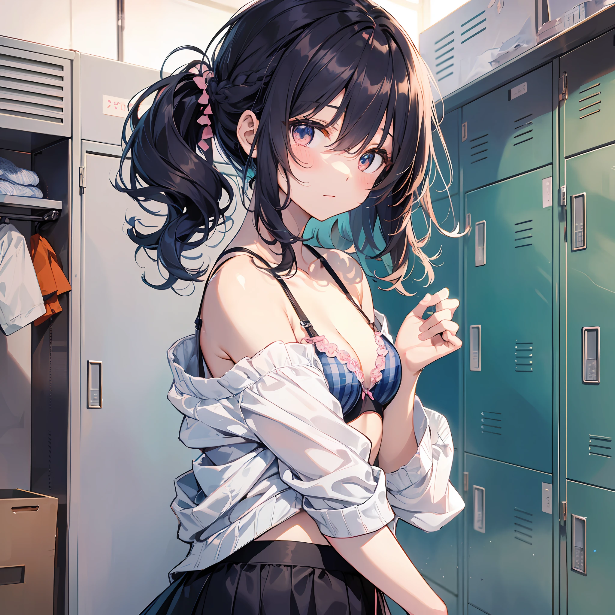 (Highest quality illustrations:1.2), (kawaii girl:1.1), (1girl in, 独奏:1), (2girls、8years old、Lori、Gamine、A tiny、kawaii、cute little、tiny chest、ultradetailed eyes:1.2)、(Yuri、the kiss、hug from behind、Grabbing the、Eyes half closed、eyecontact:1.3)、(perspiring、Hugged、red blush:1.1)、 BREAK White Bra、Pink Bra、Blue Bra、Green Bra、Greybra、Light grey bra、 striped bra、Polka dot bra、Plaid bra、Cute Bra、Kids Bra、Sportsbra、camisole、cotton panties、school skirt、Blake black hair、Blue-haired、Brown hair、extra very short hair、shorth hair、middle hair、length hair、hair wavy、curlyhair、Light pink and braided hair、hime-cut、bob cuts、Twin-tailed、low twintails、poneyTail、Low ponytail in light blue、break(Locker Room:1.2)、(evening、evening、Orange Sunlight:1.2)、 BREAK(top-quality、ultra-detailliert、highly detailed and beautiful、超A high resolution、Detailed arm:1.2)、nsfw Beautiful pool