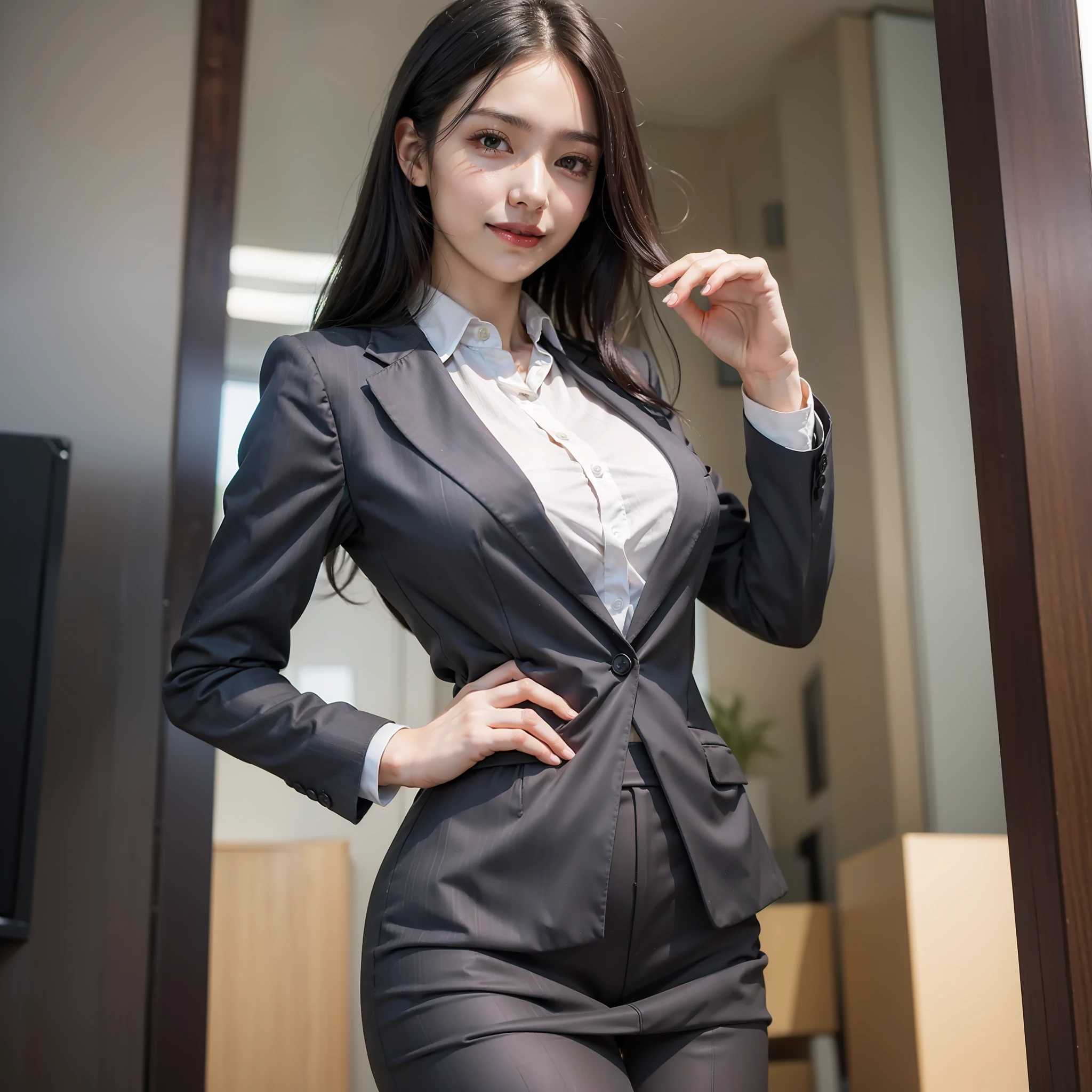 Top image quality、hight resolution、Beautiful One Woman in Perfect Style、affectionate smile、Business Wear、Office Clothes、suits、big breasts thin waist、slim legs、Rear view