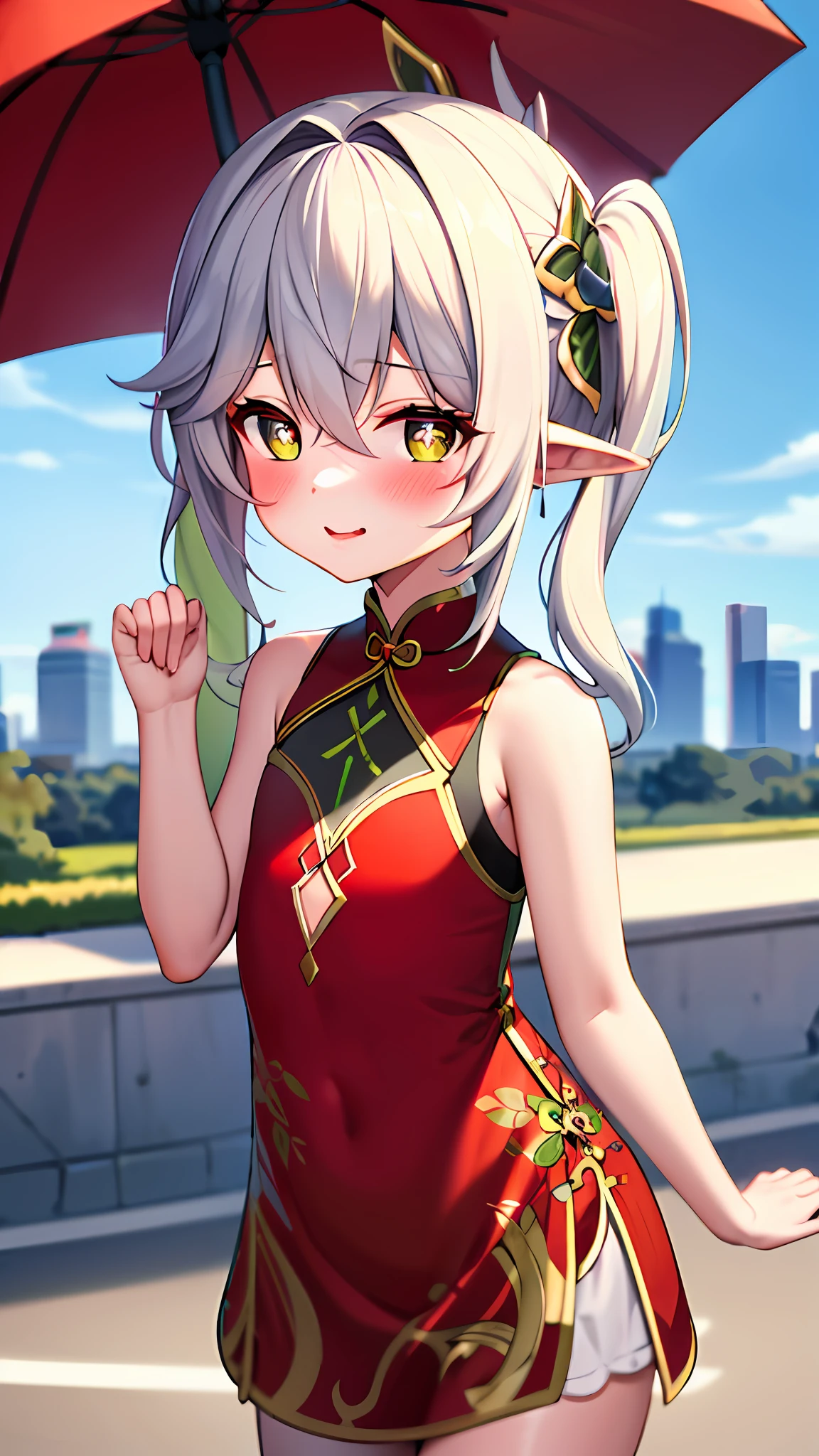 masterpiece, high res, best quality, 1girl, solo, nahida_genshin, (loli), small chest, cross-shaped pupils, red chinese dress, red qipao, stocking, standing, outdoor, cityroad, on the road, cowboy shot, sexy pose, blush, sfw, (safe for work),