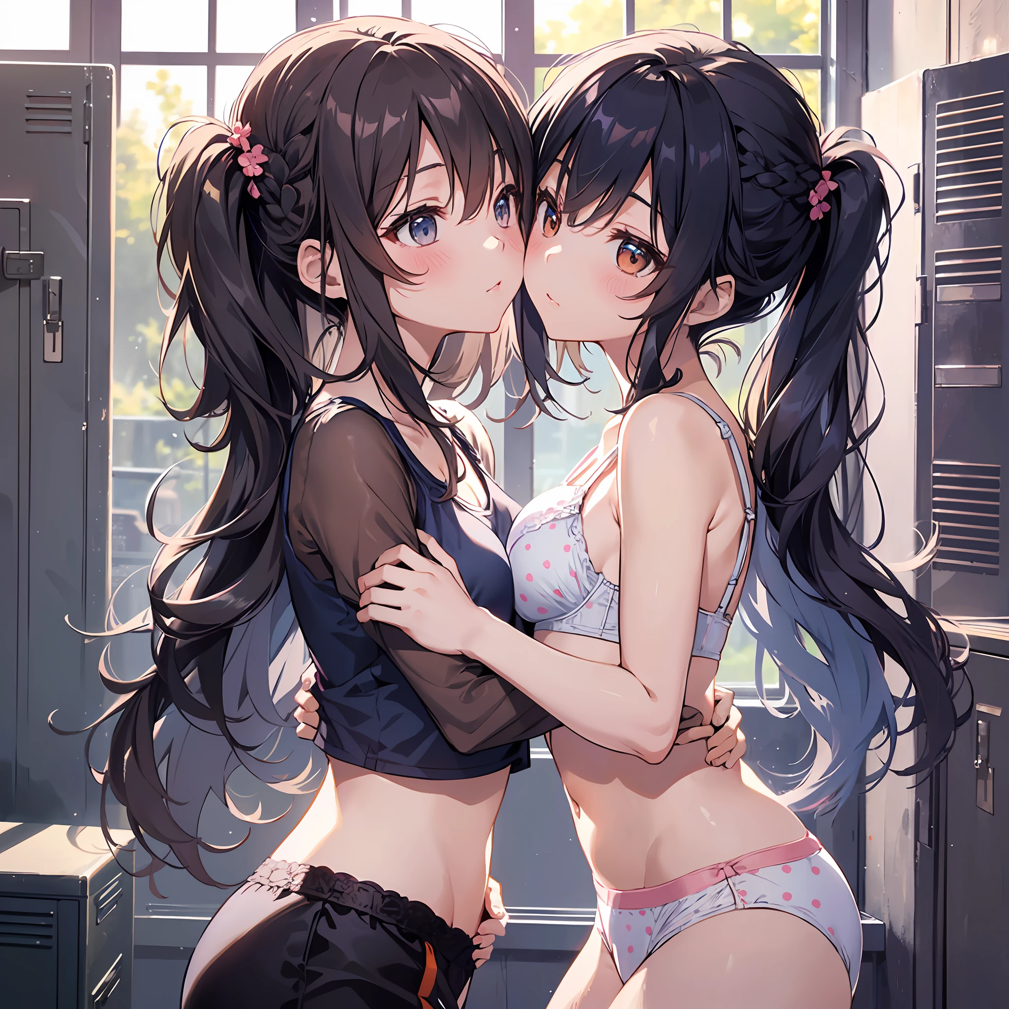 (Highest quality illustrations:1.2), (kawaii girl:1.1), (1girl in, 独奏:1), (2girls、8years old、Lori、Gamine、A tiny、kawaii、cute little、tiny chest、ultradetailed eyes:1.2)、(Yuri、the kiss、hug from behind、Grabbing the、Eyes half closed、eyecontact:1.3)、(perspiring、Hugged、red blush:1.1)、 BREAK White Bra、Pink Bra、Blue Bra、Green Bra、Greybra、Light grey bra、 striped bra、Polka dot bra、Plaid bra、Cute Bra、Kids Bra、Sportsbra、camisole、cotton panties、school skirt、Blake black hair、Blue-haired、Brown hair、extra very short hair、shorth hair、middle hair、length hair、hair wavy、curlyhair、Light pink and braided hair、hime-cut、bob cuts、Twin-tailed、low twintails、poneyTail、Low ponytail in light blue、break(Locker Room:1.2)、(evening、evening、Orange Sunlight:1.2)、 BREAK(top-quality、ultra-detailliert、highly detailed and beautiful、超A high resolution、Detailed arm:1.2)、nsfw　Beautiful pool