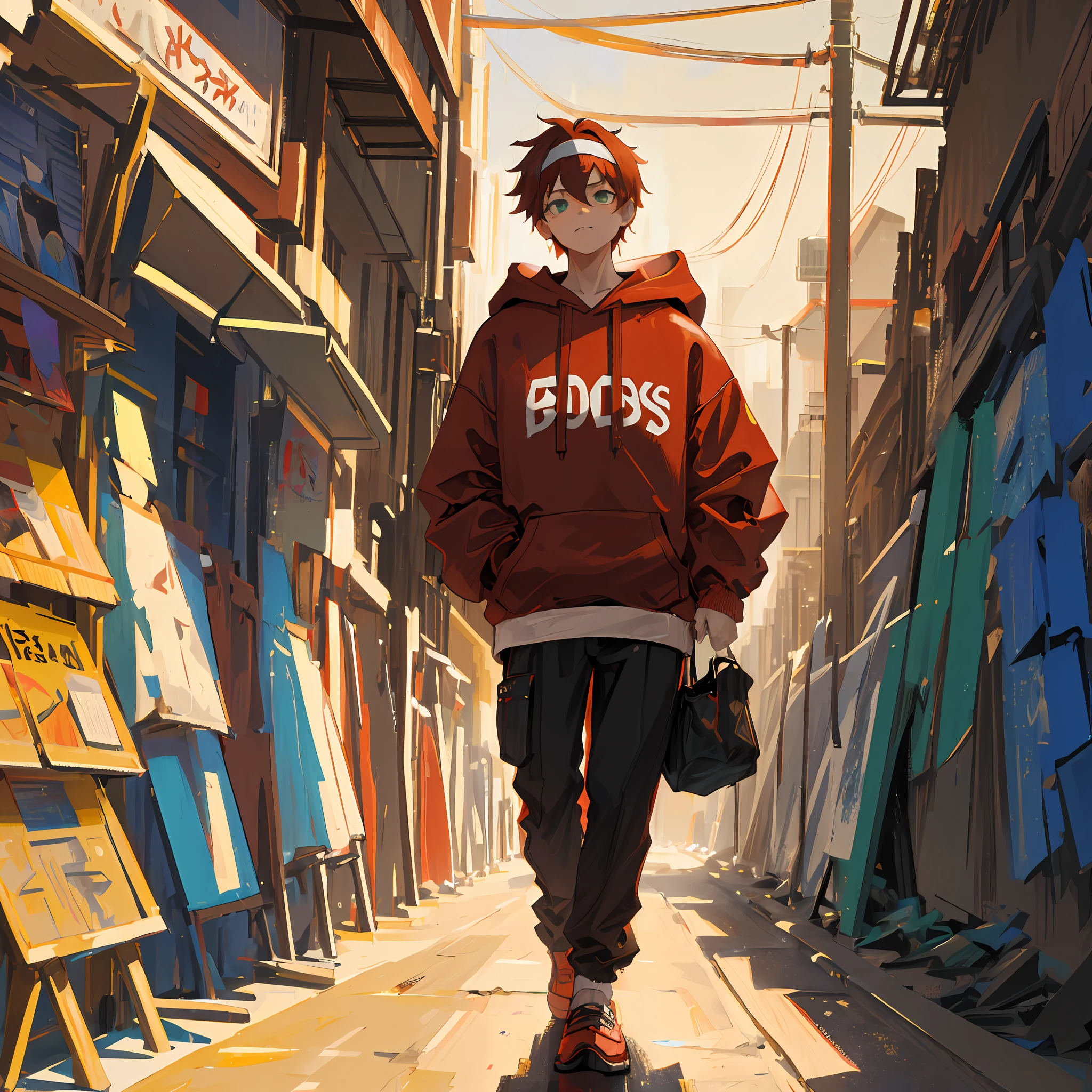 A 27-year-old man wearing a red hoodie and brown pants, com olhos verdes, com cabelos loiros, wearing a black headband, He's leaning against a wall with a street in the background, com uma tatuagem no rosto, imagem de corpo inteiro