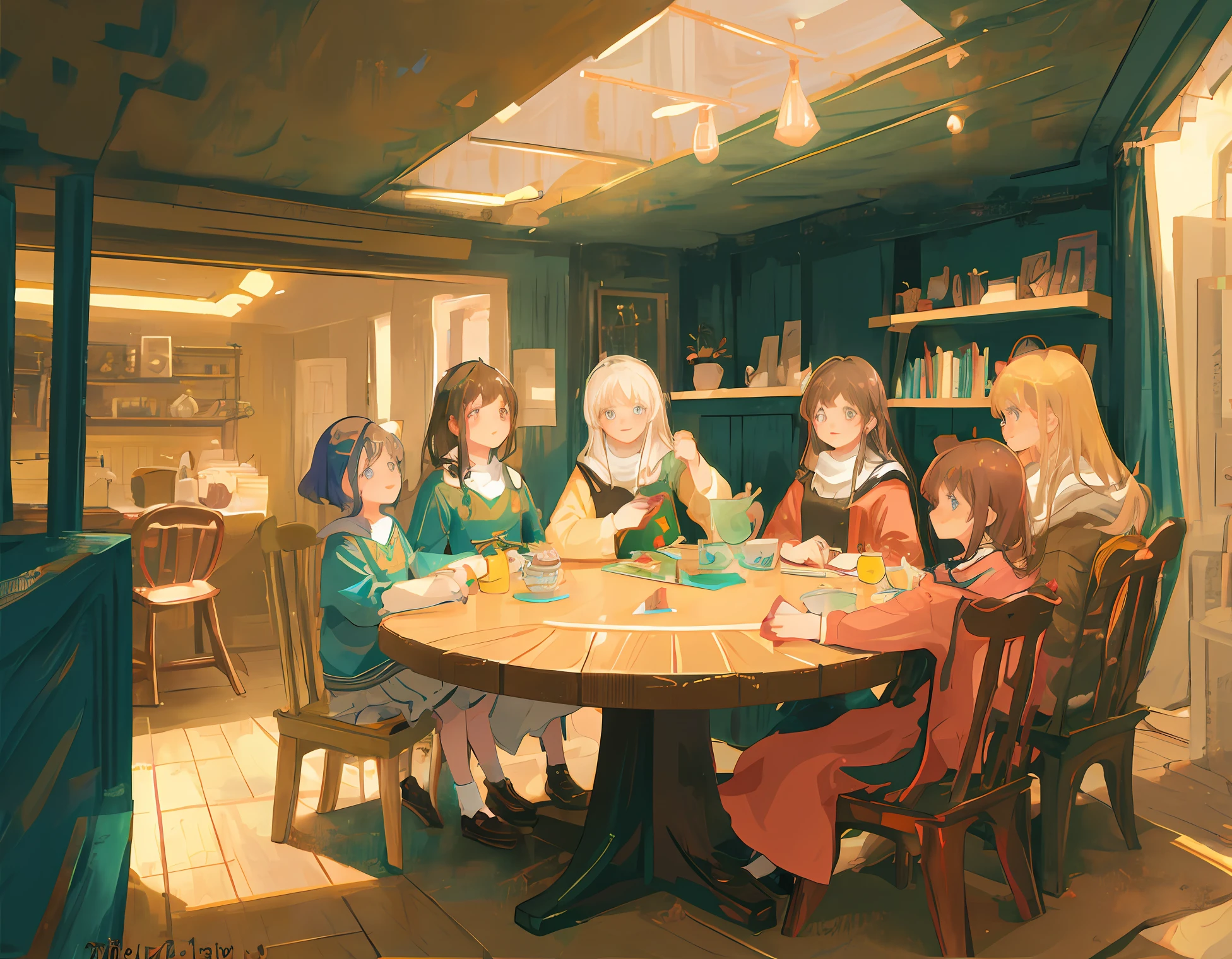 /imagine prompt: Seven  girls sitting around a round table in a spacious and bright room, each with their unique traits and personalities - some quiet and shy, some playful and adorable, some brave and strong. Their eyes filled with hope and determination for the future. Warm lighting and a variety of toys and books surround them, creating a joyful and cozy atmosphere, by joyful style --niji 5