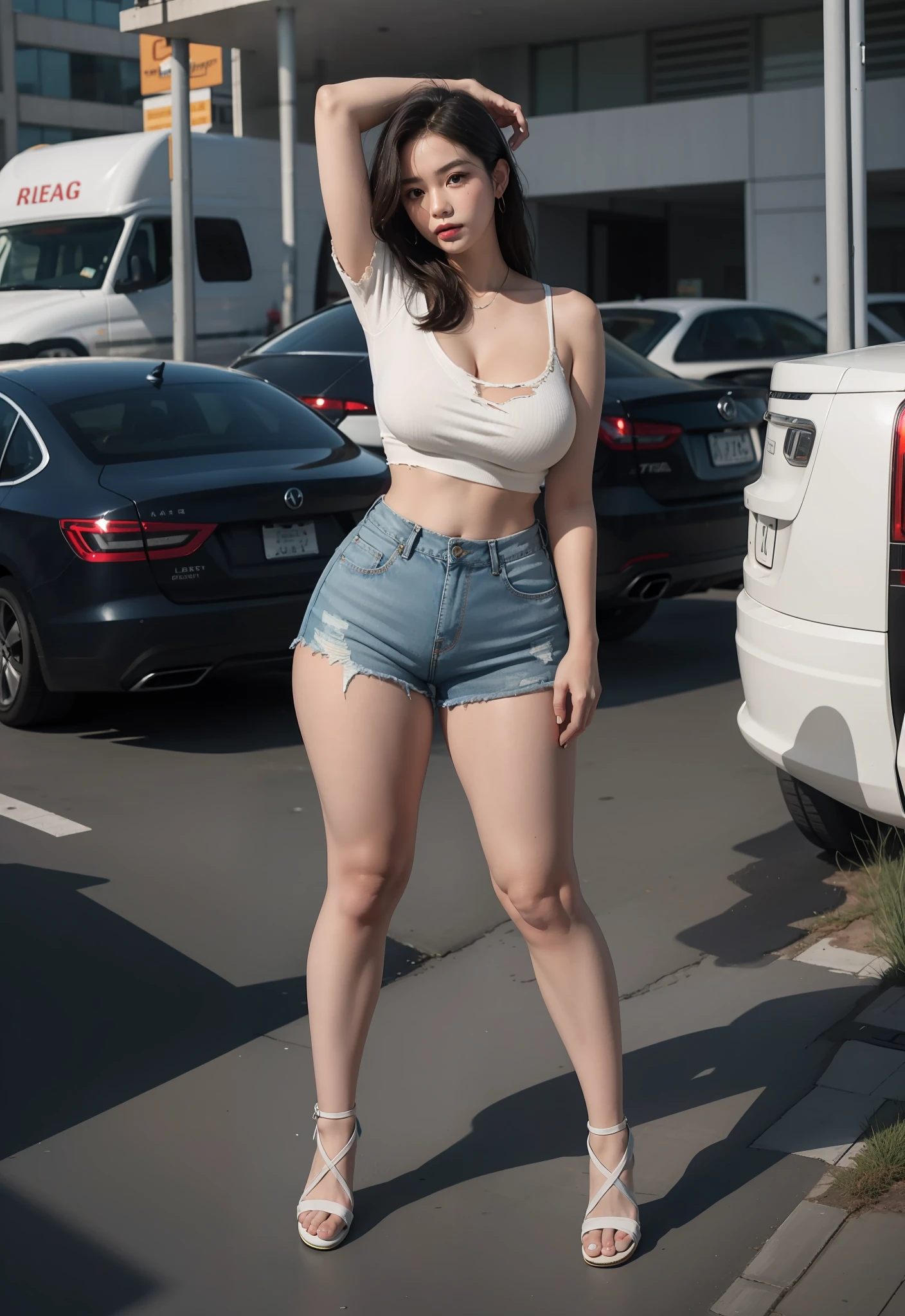 There was a woman playing and dancing in the parking lot, lunging at camera :4, jia, Thighs, Good hips and long legs, Realistic, pretty face with arms and legs, Flowing hair,((Hand detail)),juicy legs,with hands behind her back,huge tit,Plump fat buttocks,busty figure,Rags and tears of clothes,Ragged and torn pants,blue jeans short pants,skin-tight short-pants,(Tattered:1.1),(hand:8),(plumw:8.8),(Broken pants:1.3),(The top is torn:1.2),