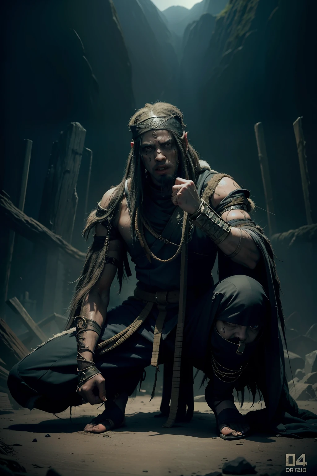 wide angle lens, full body pose, african king ninja, lord of rings design, terror, horror, looks at the camera with a haunghty look, challenging and aggresive position, sweat on the face, 8k, details high resolution, full hd, artstation, grunge light, s 10000 --v 4