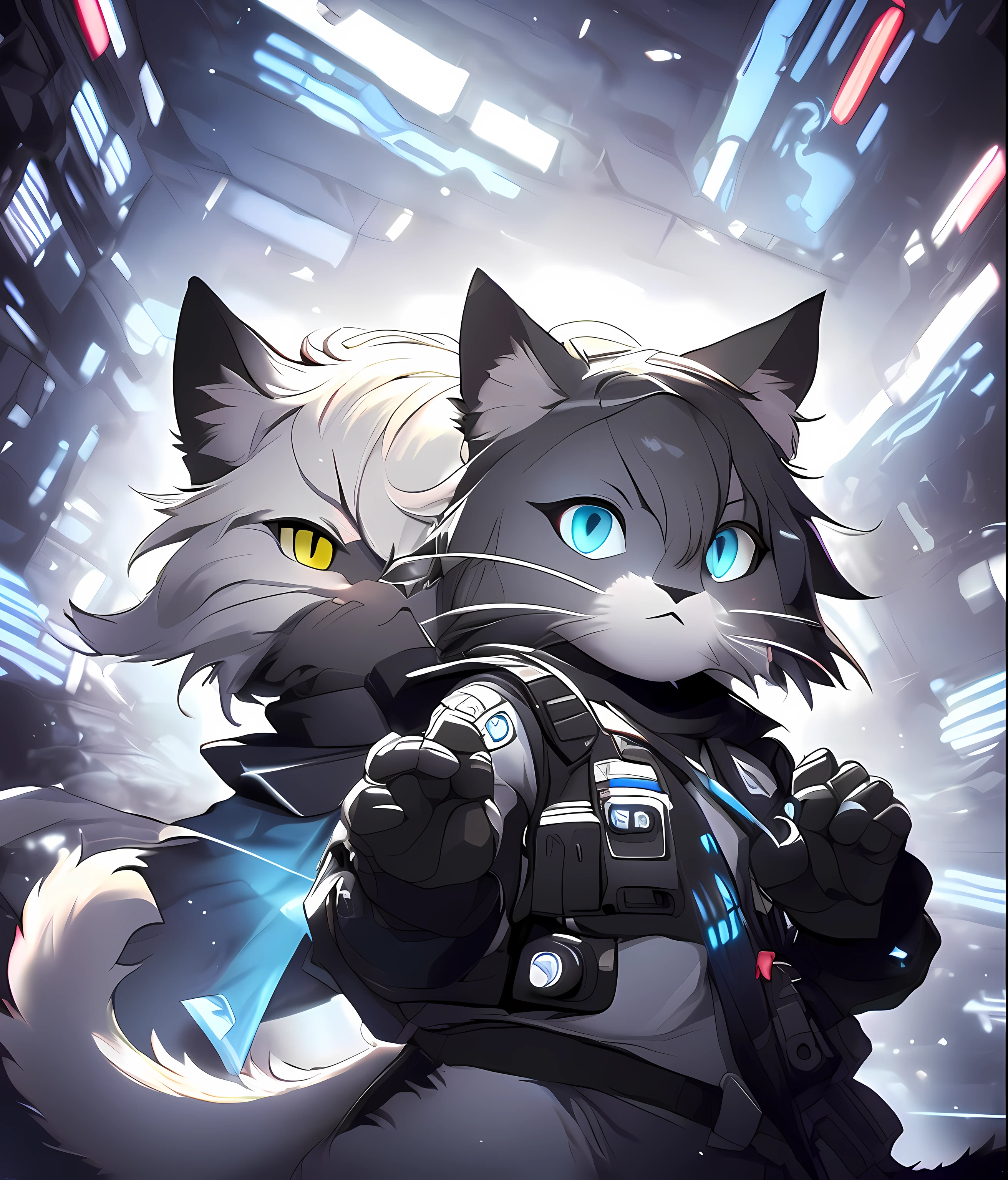 A blue cat，anthro cat，shaggy，Hands up，Plus a cyberpunk background，The eyes are gray，The tail has a star and moon symbol，There are white spots on the ears