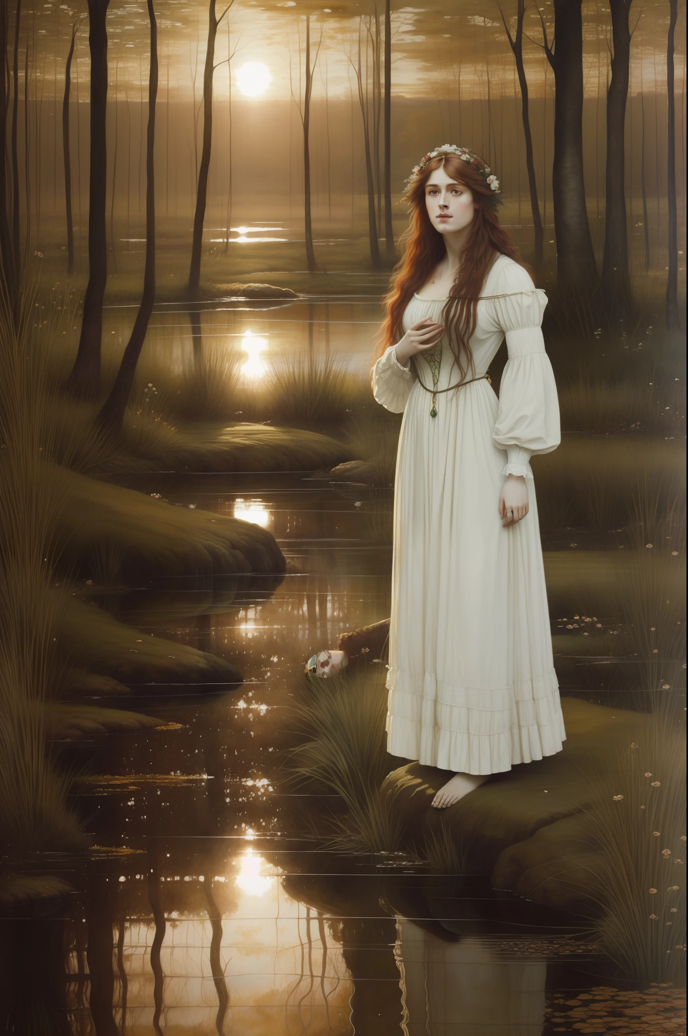 (((Pre-Raphaelite painting))), Portrait of a dead Celtic woman in a floating swamp, salgueiro, salgueiro choroso emaranhado, sun sunset, paisagem celta, Ophelia, flowing white clothes.