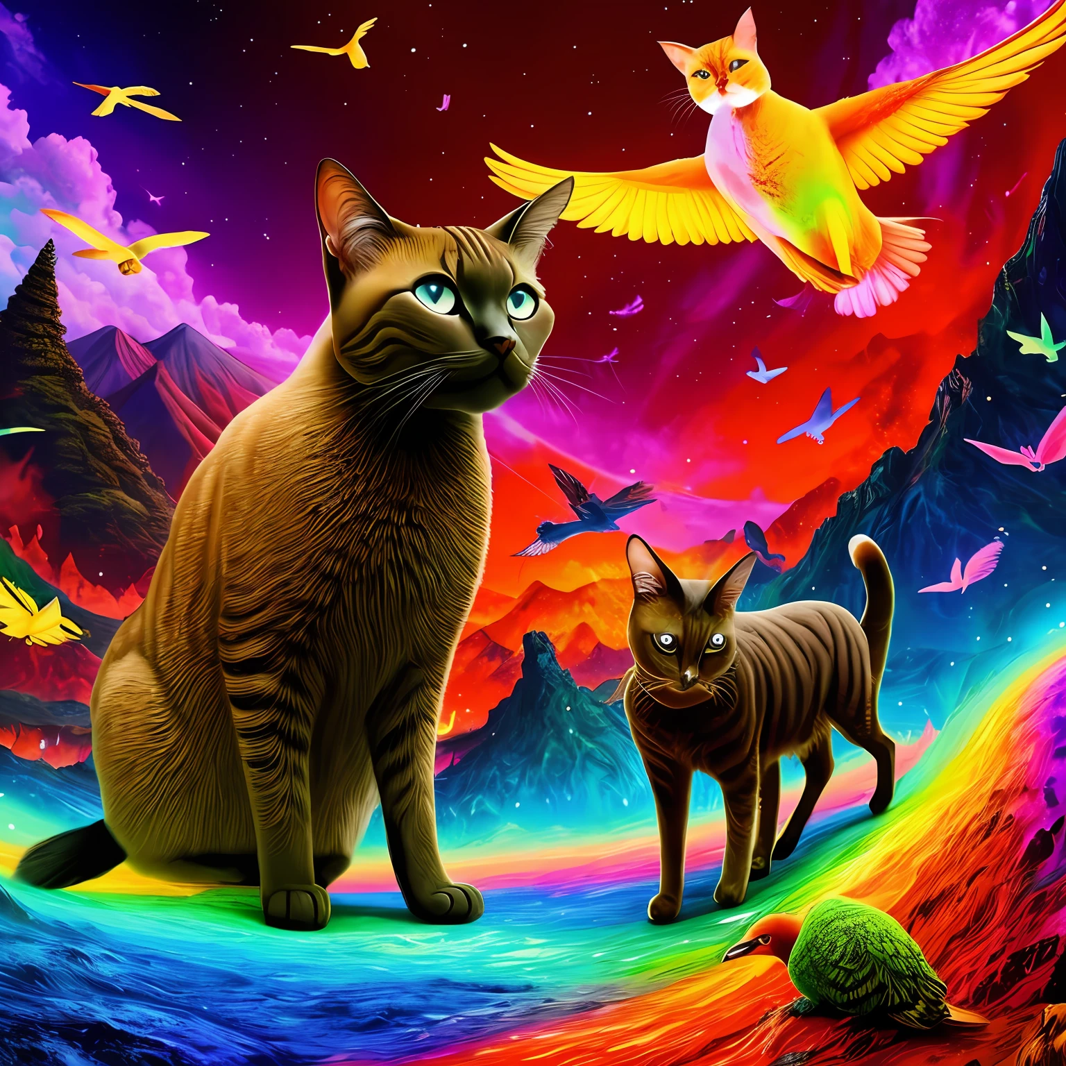 smilling pineaple over a buffled siamese cat in front of a psychedelic vulcano and weird giant birds --auto