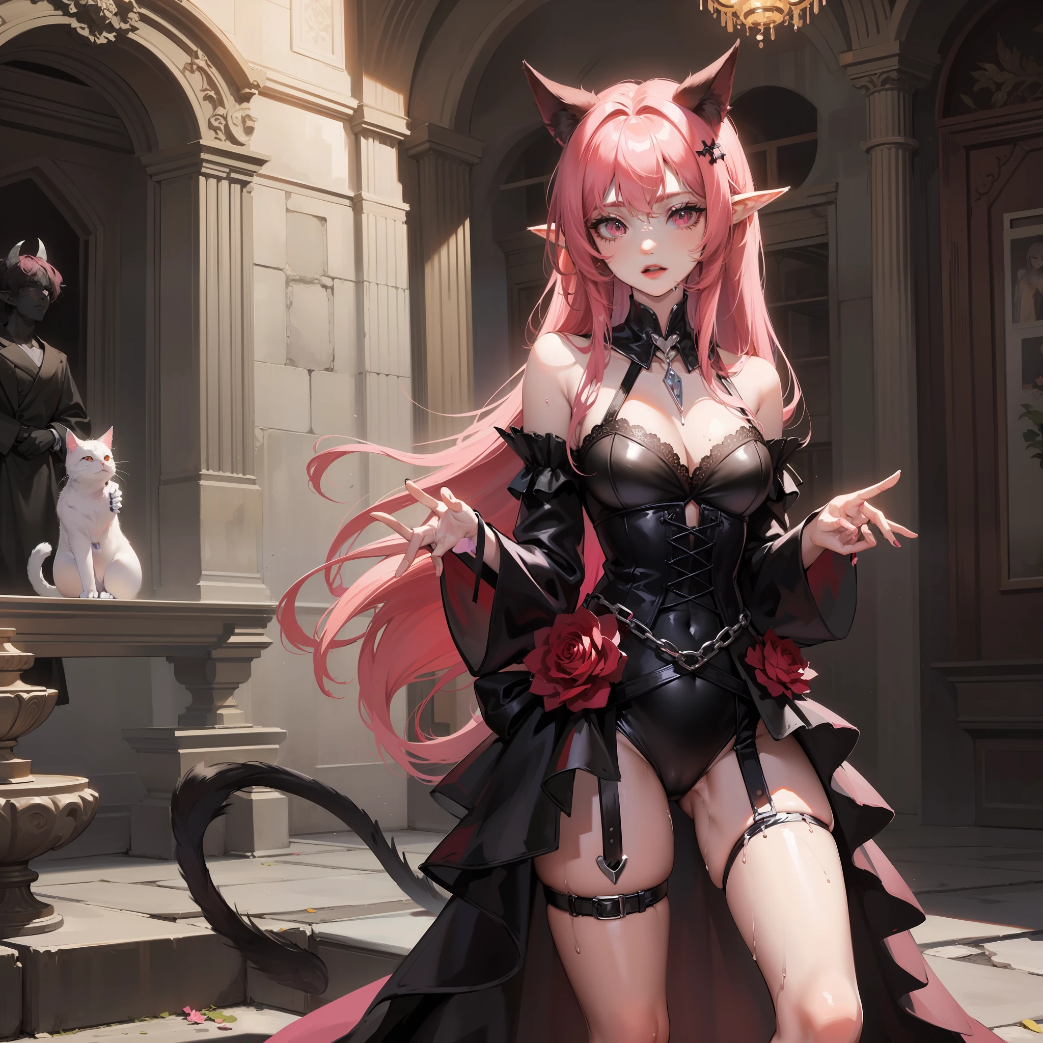 A young demon woman with pink hair with black horns, Elf ears and cat ears in an abandoned Gothic palace wearing a wet black wedding dress