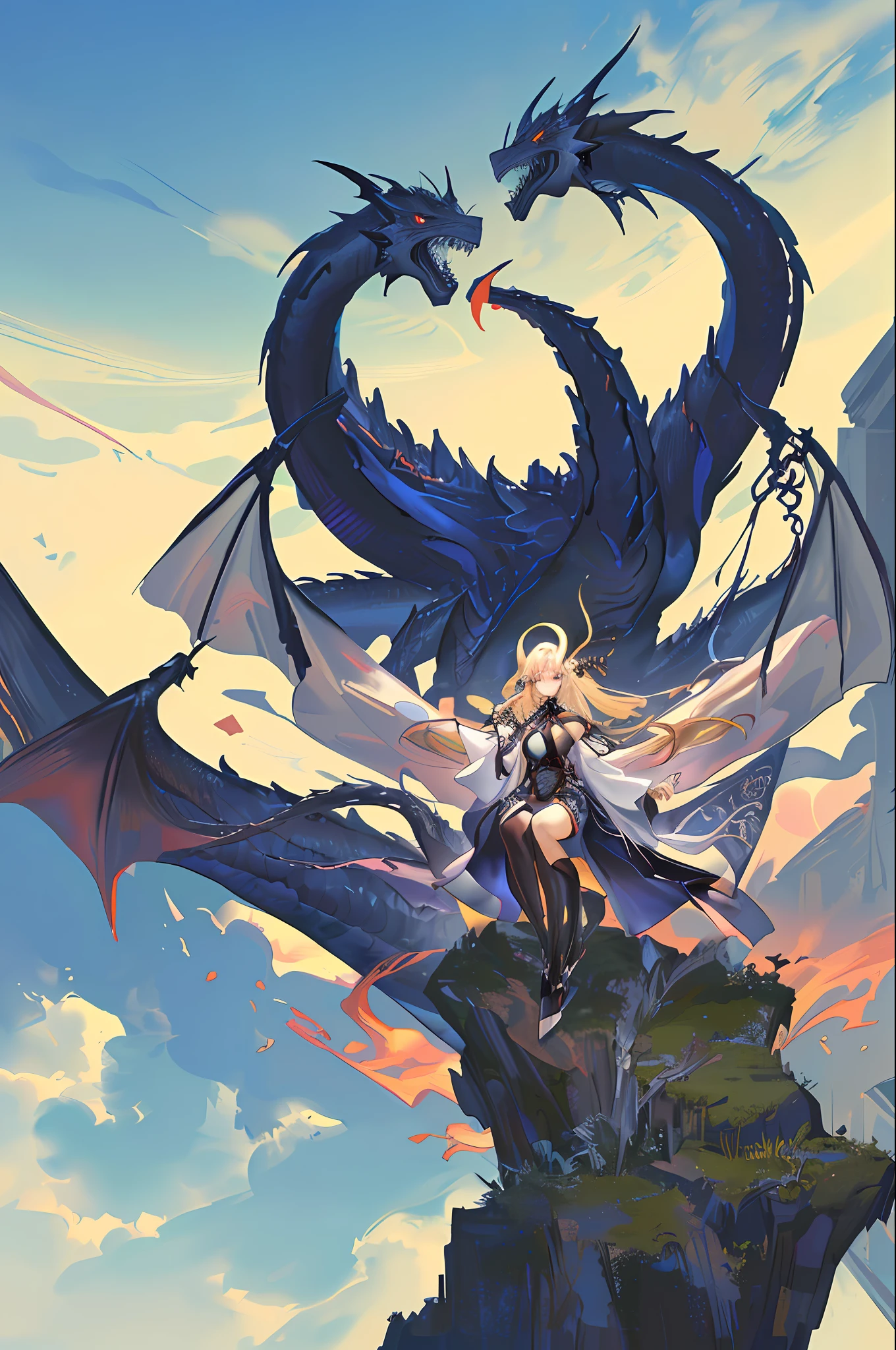 An ancient dragon perched on a large wingspan on a mountain spire、Blue Dragon、Blonde girl
(Representative songs:1.2)(illustratio:1.1)(top-quality:1.2)(detaileds)(Convoluted)(8kK) (HDR) (wall-paper) (电影灯光) (foco nítido)
