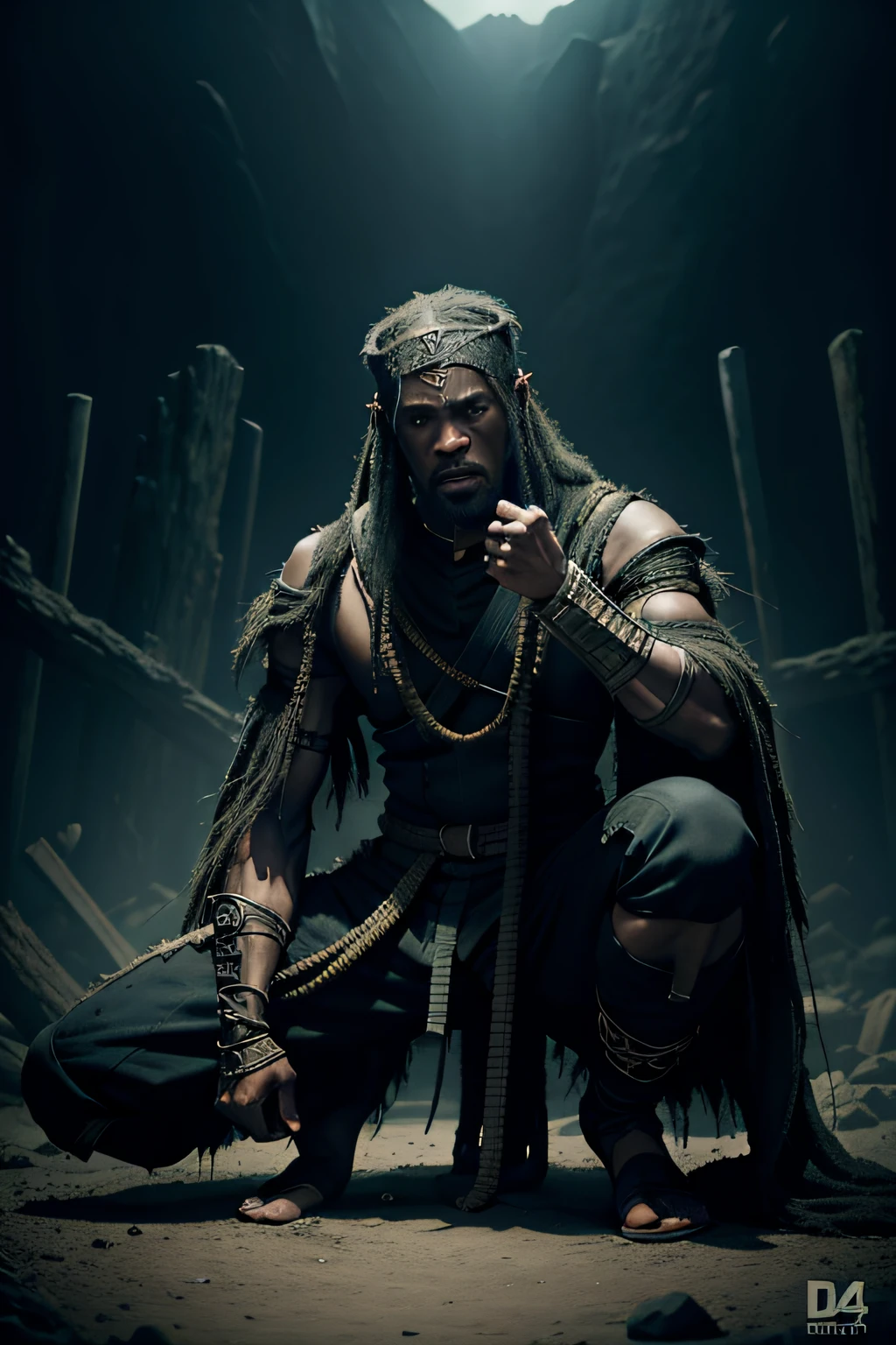 wide angle lens, full body pose, african king ninja, lord of rings design, terror, horror, looks at the camera with a haunghty look, challenging and aggresive position, sweat on the face, 8k, details high resolution, full hd, artstation, grunge light, s 10000 --v 4