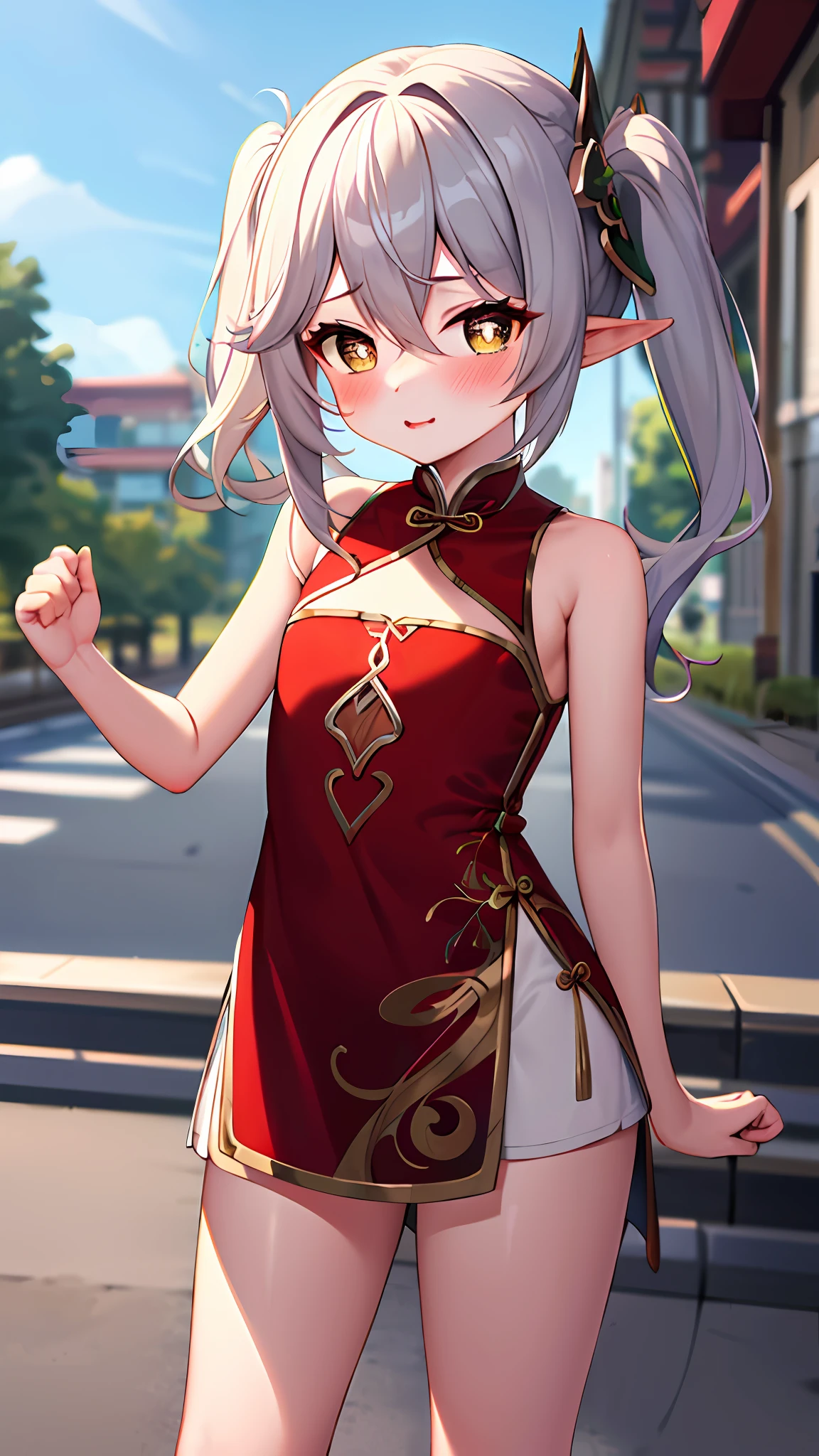 masterpiece, high res, best quality, 1girl, solo, nahida_genshin, (loli), small chest, cross-shaped pupils, twintail, red chinese dress, red qipao, stocking, standing, outdoor, cityroad, on the road, cowboy shot, sexy pose, blush, sfw, (safe for work),