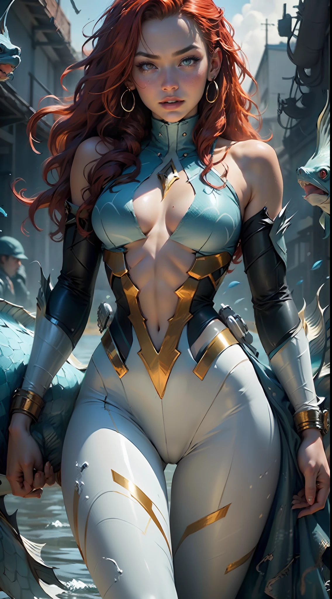 The female body defines the body parts of the body with slender long legs and cybernetics,Aquaman heroine Mera,Mae La after the sea,Queen of Atlantis,Blue fish scale tights,Blue fish scale corset,Body proportions,Close-up of genitals